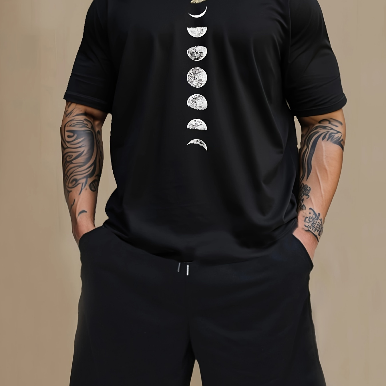 

Men's Pajama Set, Moon Pattern Casual Crew Neck Short Sleeve T-shirt & Drawstring Shorts 2-piece Set For Summer Home Wear