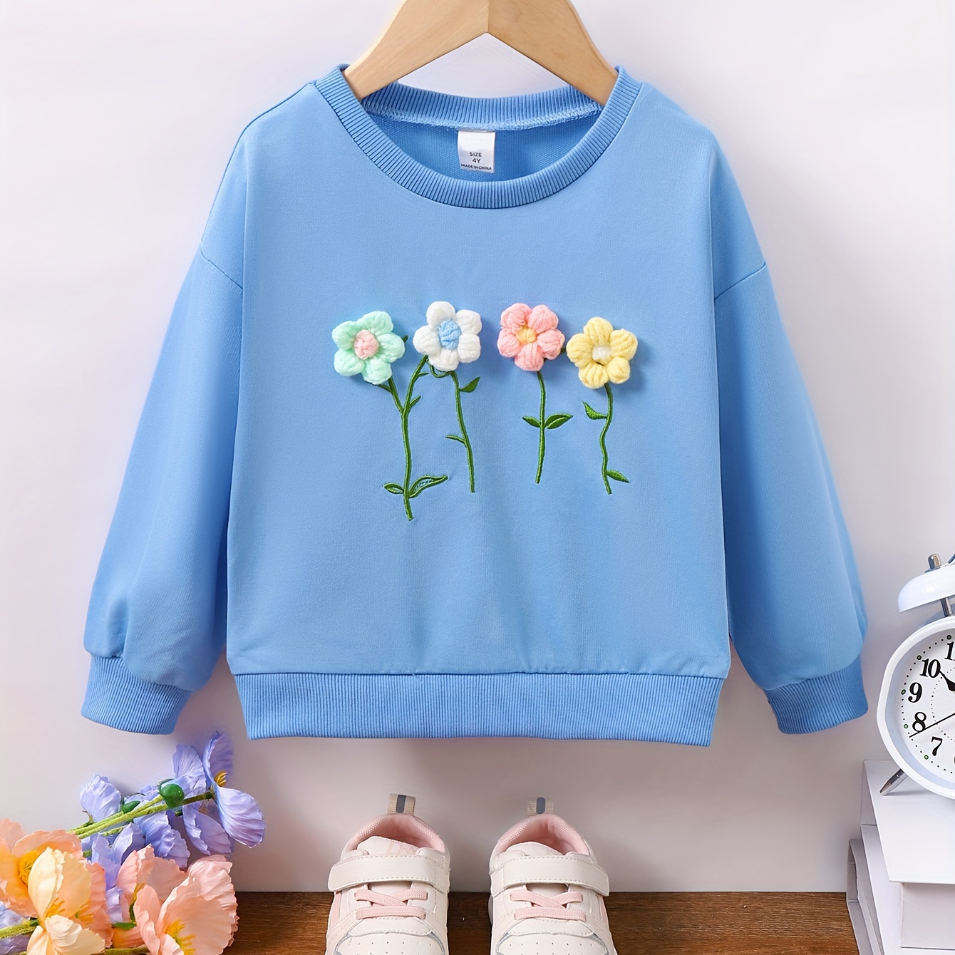

Cute Knit Flowers Decor Girls Casual Pullover Long Sleeve Sweatshirt Active Loose Tops Outdoor, Party, Gift