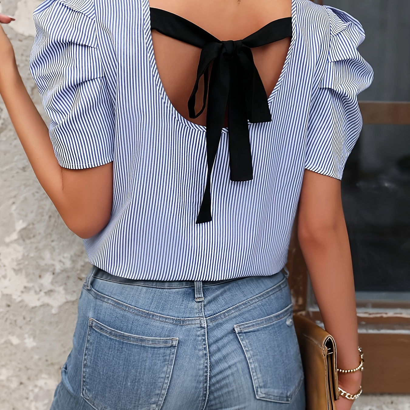

Striped Print Tie Back Blouse, Elegant Puff Sleeve Contrast Trim Blouse For Spring & Summer, Women's Clothing
