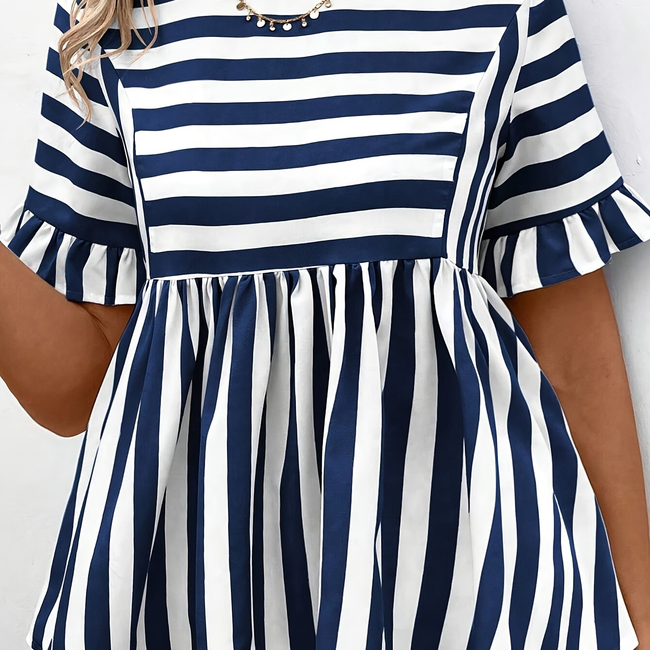 

1pc Elegant Striped Ruffle Sleeve Blouse For Women, 100% Polyester Crew Neck Shirt, Flared Hem, Non-stretch Fabric, Oversized Casual Top