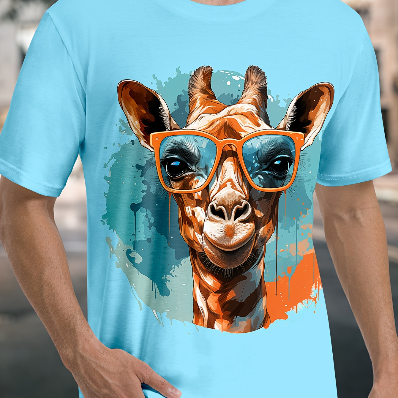 

Men's Giraffe Print T-shirt, Casual Short Sleeve Crew Neck Tee, Men's Clothing For Summer Outdoor