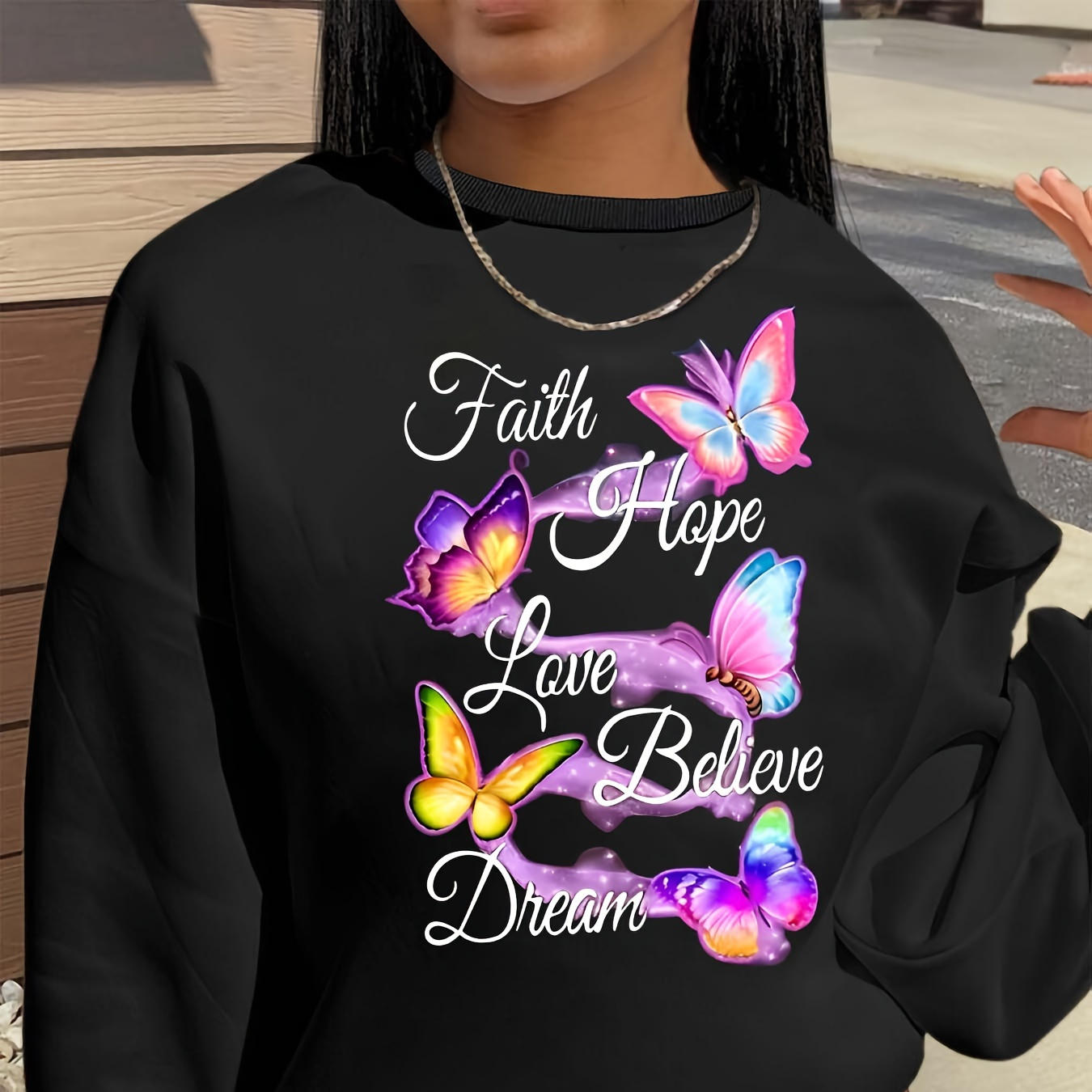 

Plus Size Casual Sweatshirt, Women's Plus Butterfly & Letter Print Long Sleeve Round Neck Sweatshirt