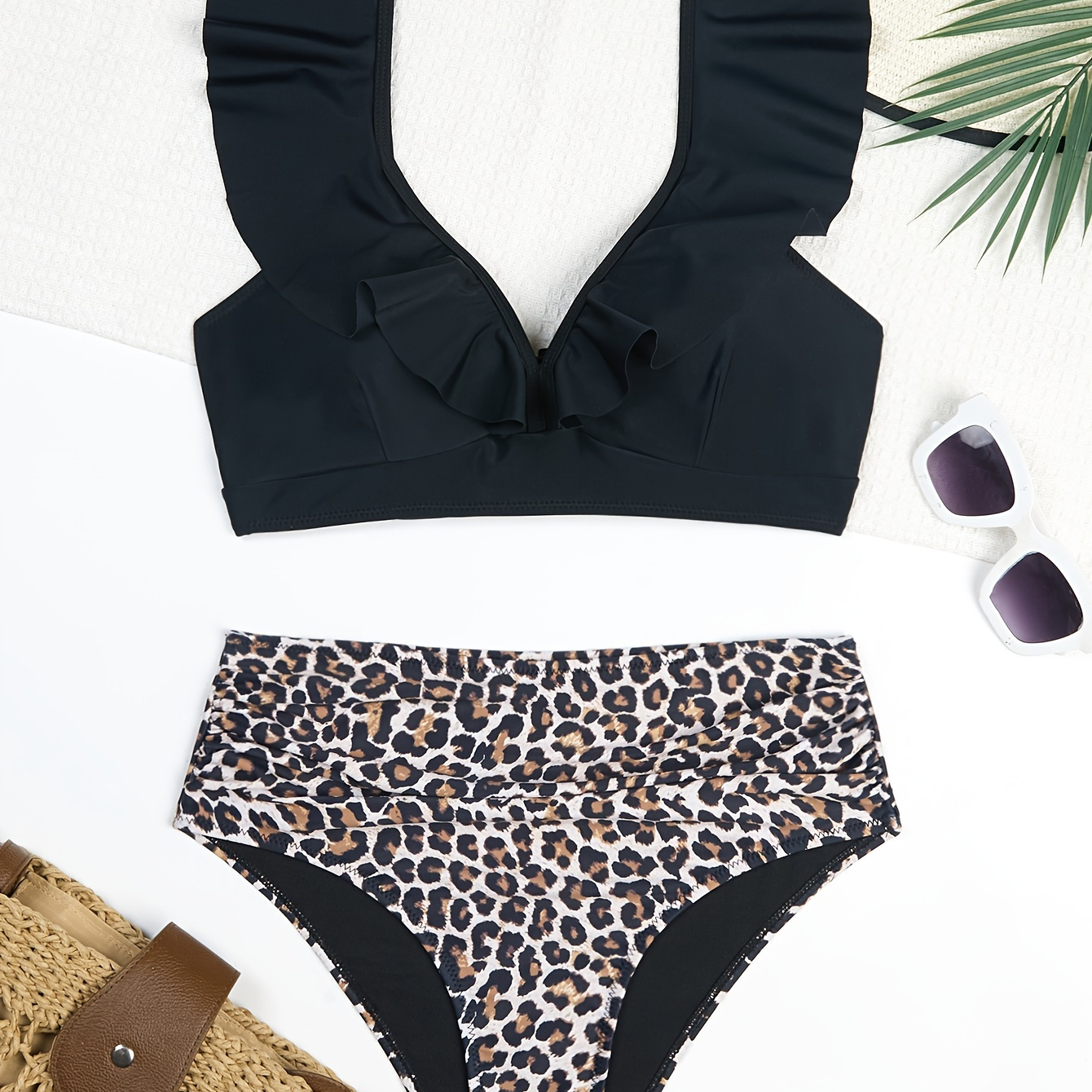 

Leopard Print 2 Piece Set Bikini, V Neck Ruffle Hem Tie Back High Cut Swimsuits, Women's Swimwear & Clothing