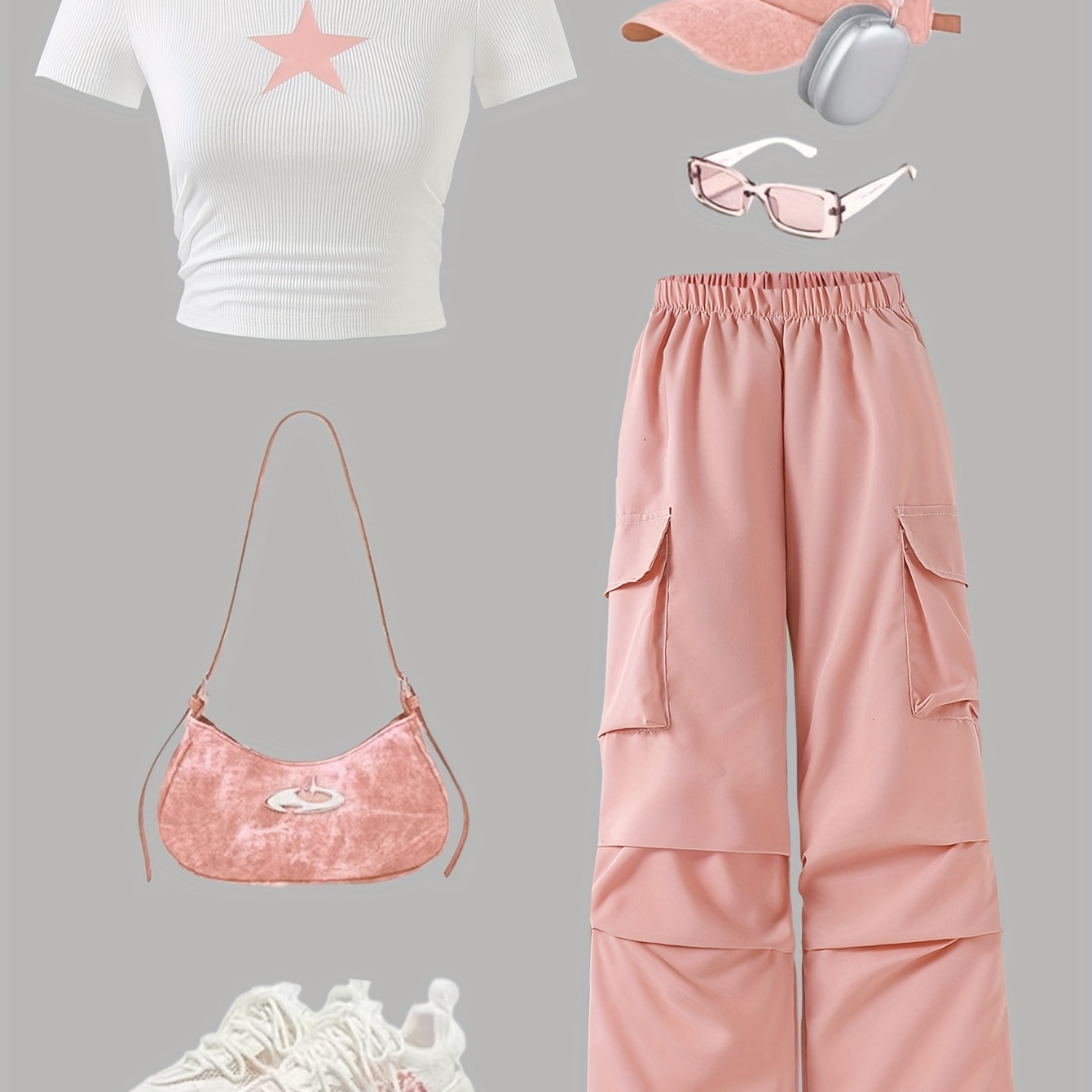 Girl's Two-Piece Set with Star Pattern Ribbed Crew Neck T-Shirt and Outdoor Workwear Wide-Leg Pants, Fashionable Trendy Outfit for Girls (Accessories Not Included), Perfect for Outdoor