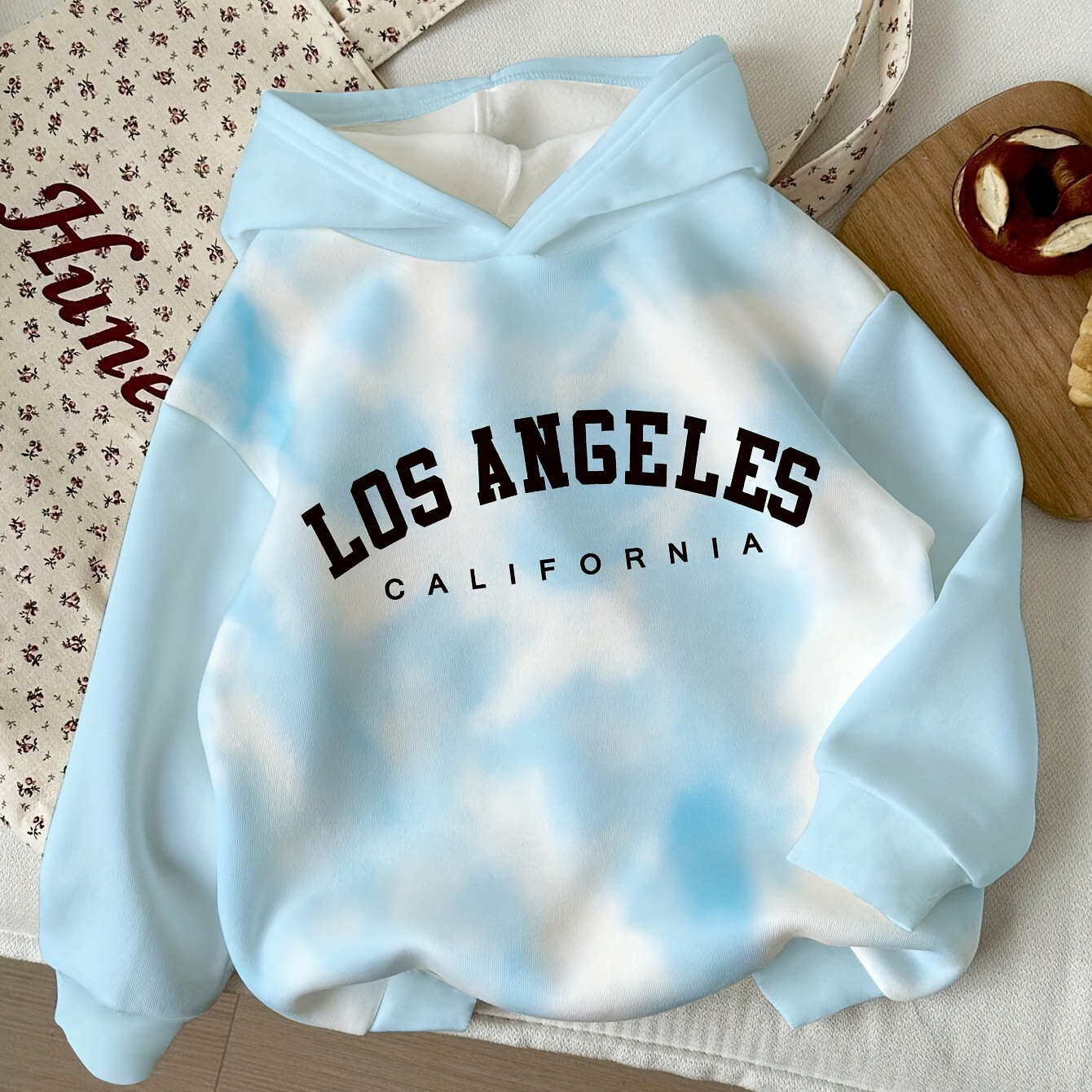 

Girls' Los Angeles California Print Pullover Hoodie - Casual Knit Polyester Blend Hooded Sweatshirt With Applique Detail, Geometric Pattern, Slight Stretch For Fall/winter - Ages 12 And Under