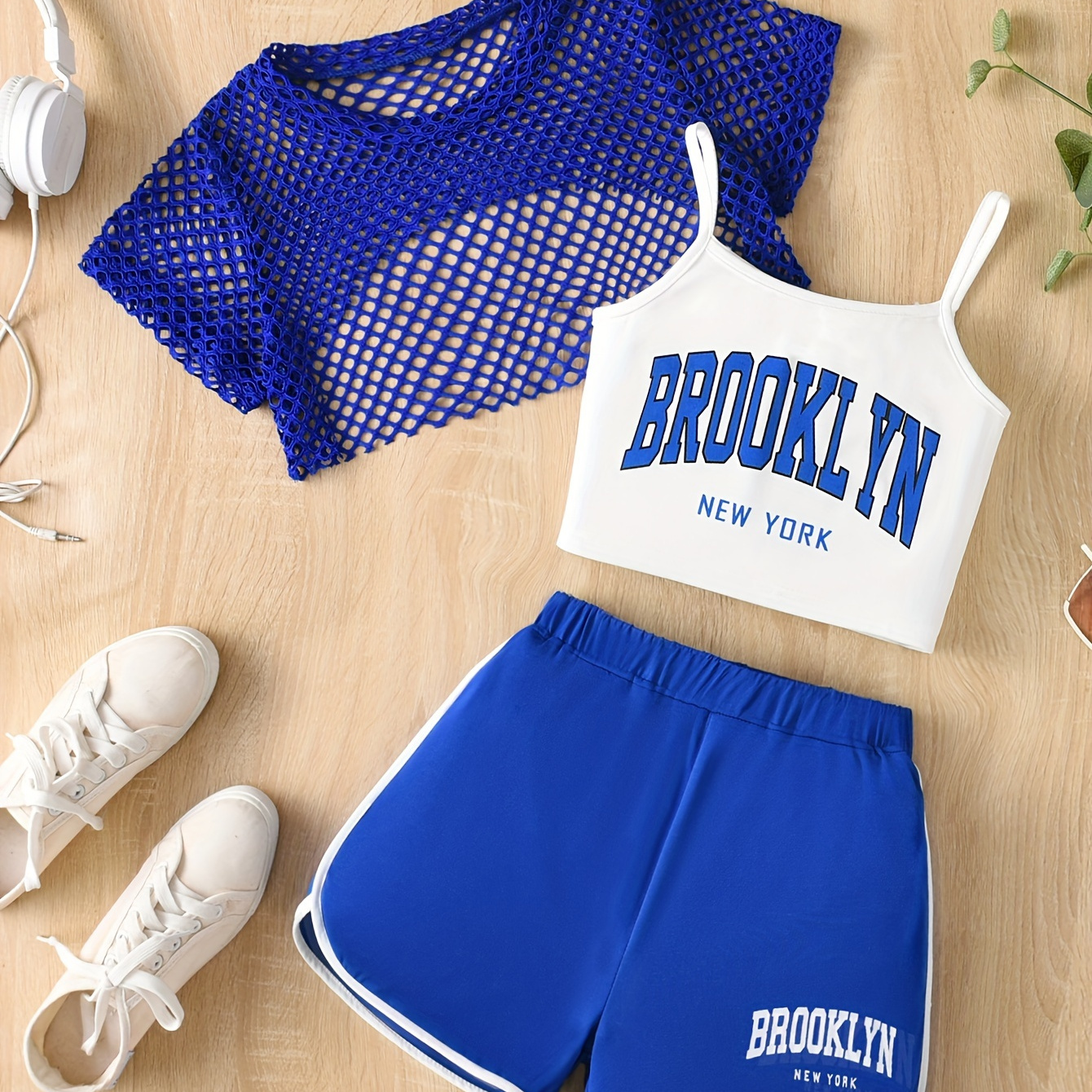 

Girl's Athletic Set, Mesh Crop Cover-up + Letter Camisole + Shorts 3-piece Casual Going Out Girls Summer Clothes