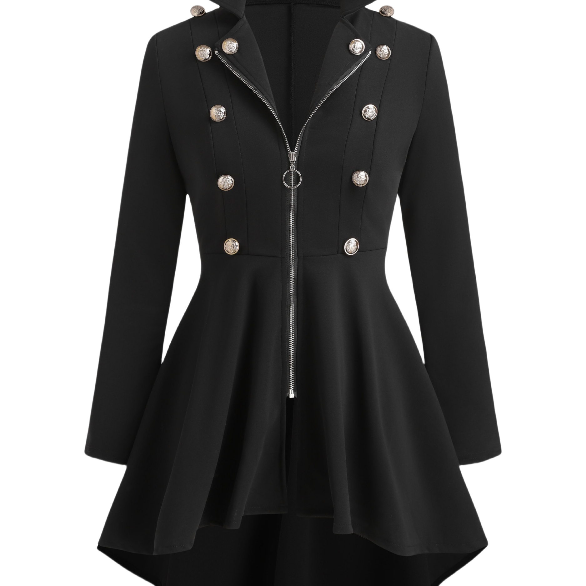 

Elegant Women'-inspired Blazer - Chic Black Double-breasted Jacket With Flared Sleeves, Zip-up Front, And Decorative Buttons - Polyester, Machine Washable - Ideal For Office & Casual Wear