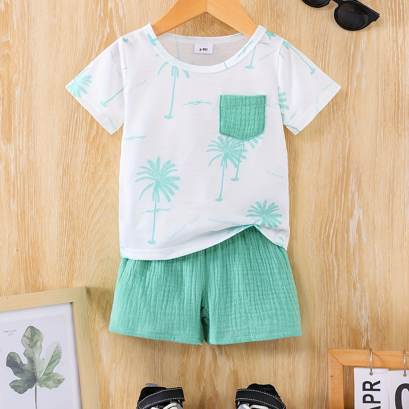 

Baby Boys' 2-piece Cotton Set, Casual Palm Tree Print T-shirt With Pocket + Breathable Comfort Shorts, Summer Outfit