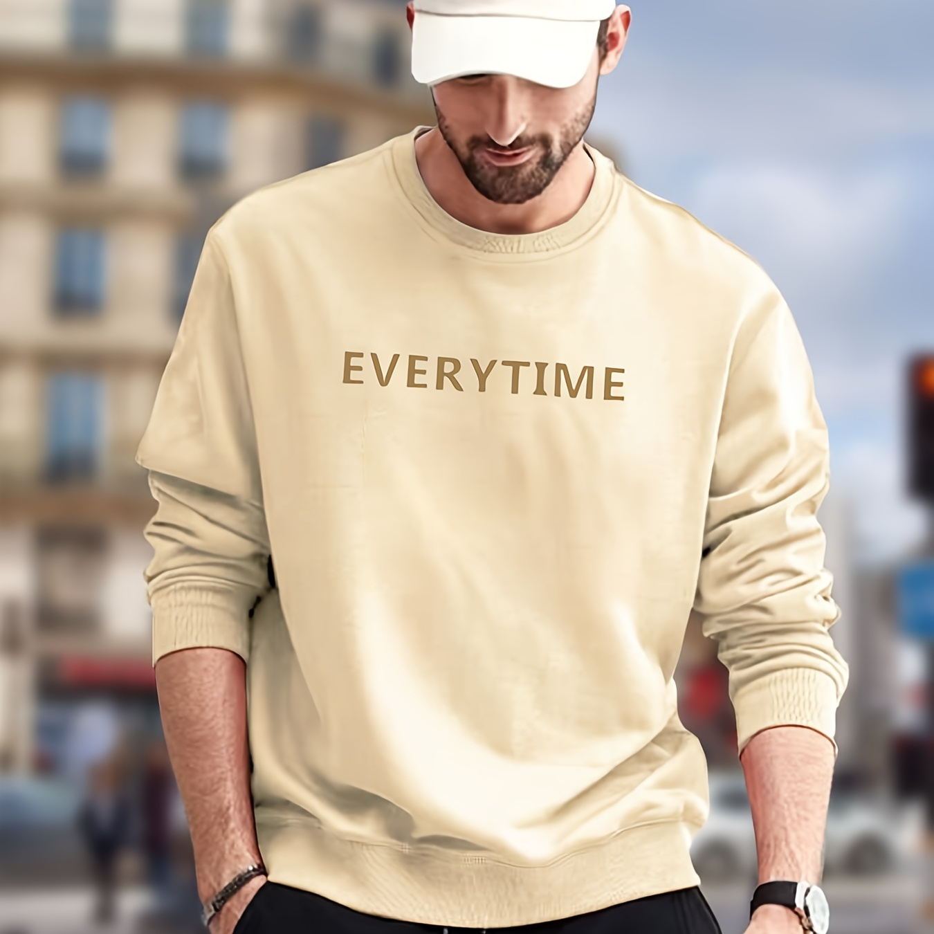 

Everytime Print Sweatshirt, Men's Casual Graphic Design Slightly Stretch Crew Neck Pullover Sweatshirt For Autumn Winter