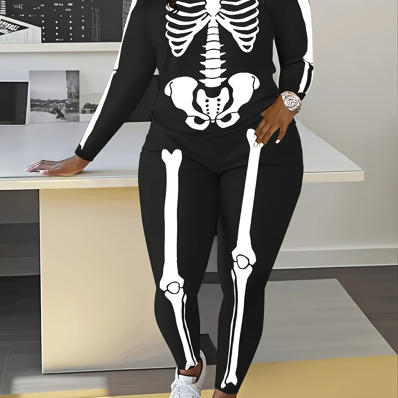 

Casual Halloween Skeleton Neck Long Sleeve Knit Polyester Pantsuit Set With Waistband For Fall/winter - Includes 1 Regular Fit Top Pair Of Pants (polyester 92%, Elastane 8%)