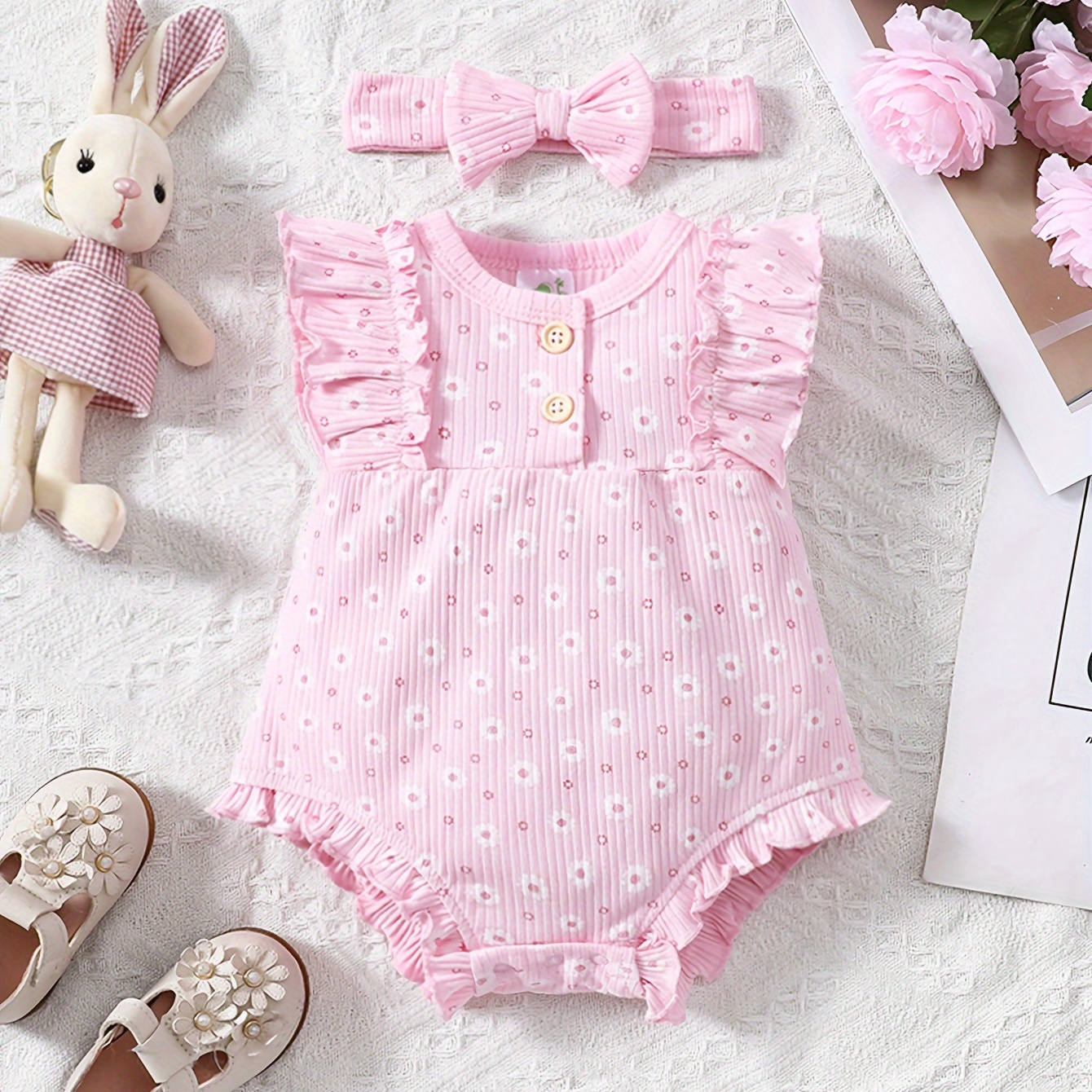 

New Summer Floral Print Baby Triangle Jumpsuit + Baby Cute Headband Full Body Print