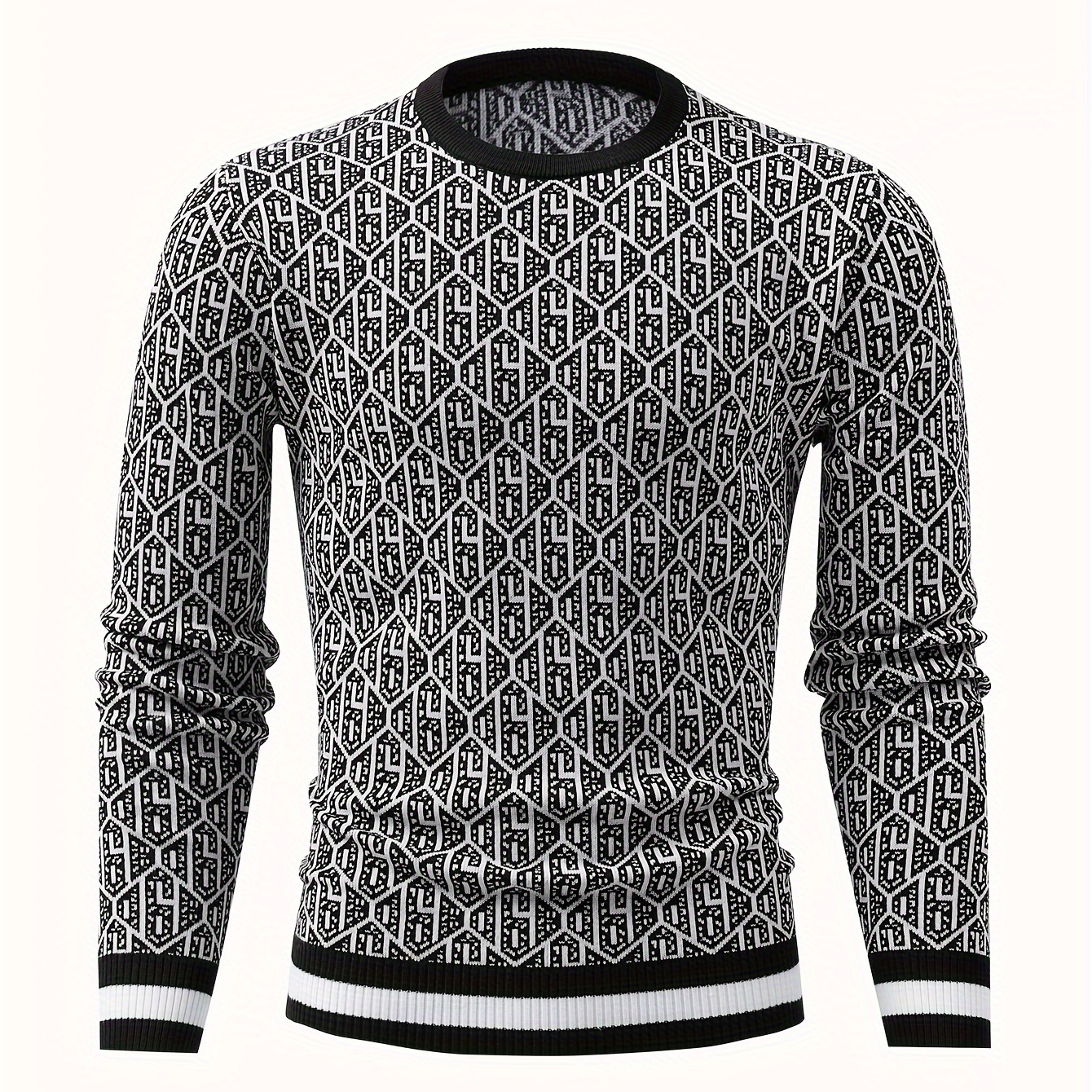 

Men's Stylish Geometric Pattern Knitted Pullover, Casual Breathable Long Sleeve Crew Neck Top For City Walk Street Hanging Outdoor Activities