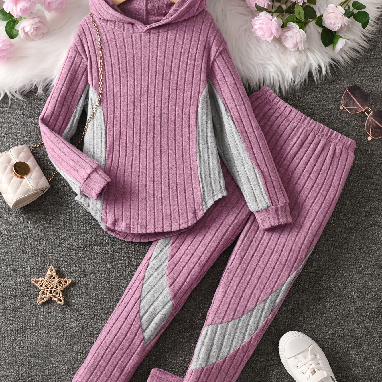 

' 2pcs Hooded Ribbed Top & Fit Pants Set - / Outfit, , For
