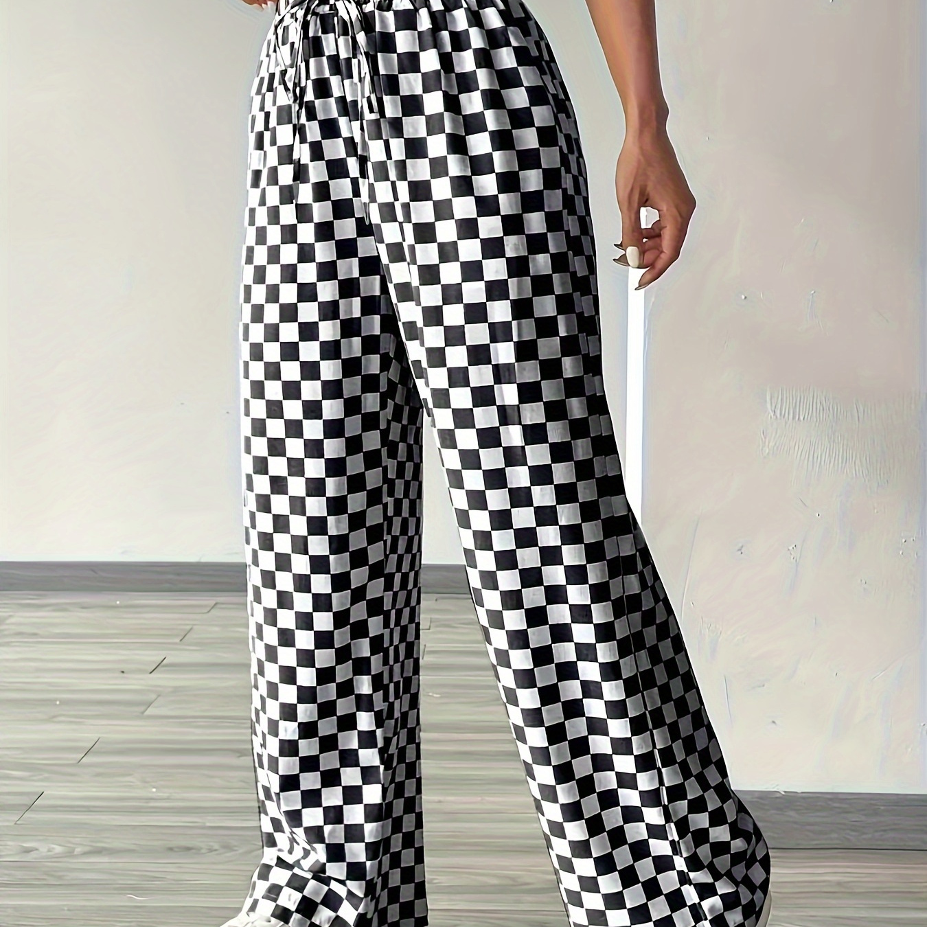 

Women's Gingham High-waisted Casual Pants, 100% Polyester Knit Fabric, Medium Stretch, Long Length, All- Pants With Fake Drawstring Detail, 195g/m² Weight