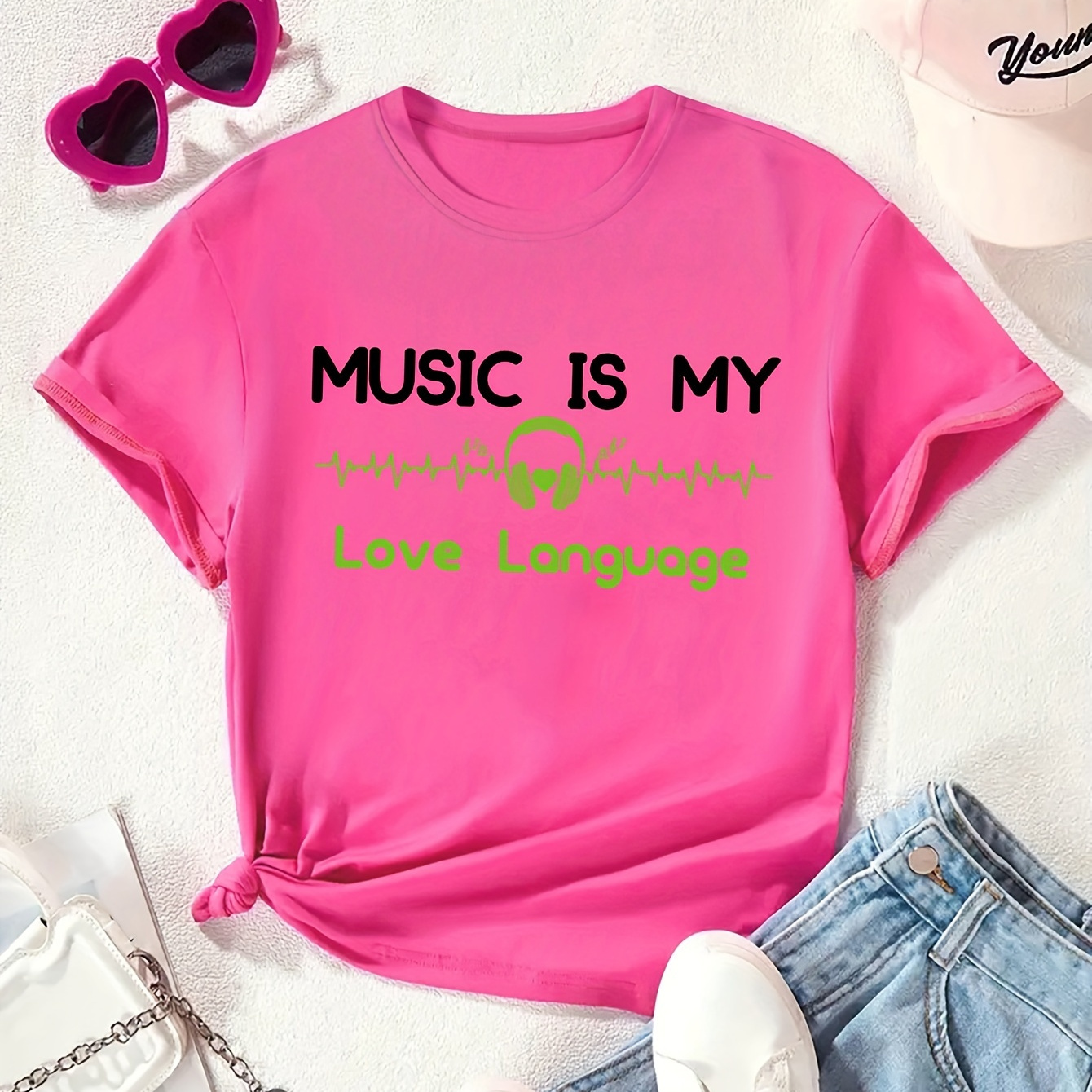 

Music Is My Love Language & Headphone Graphic Print, Tween Girls' Casual & Comfy Crew Neck Short Sleeve Tee For Spring & Summer, Tween Girls' Clothes For Outdoor Activities