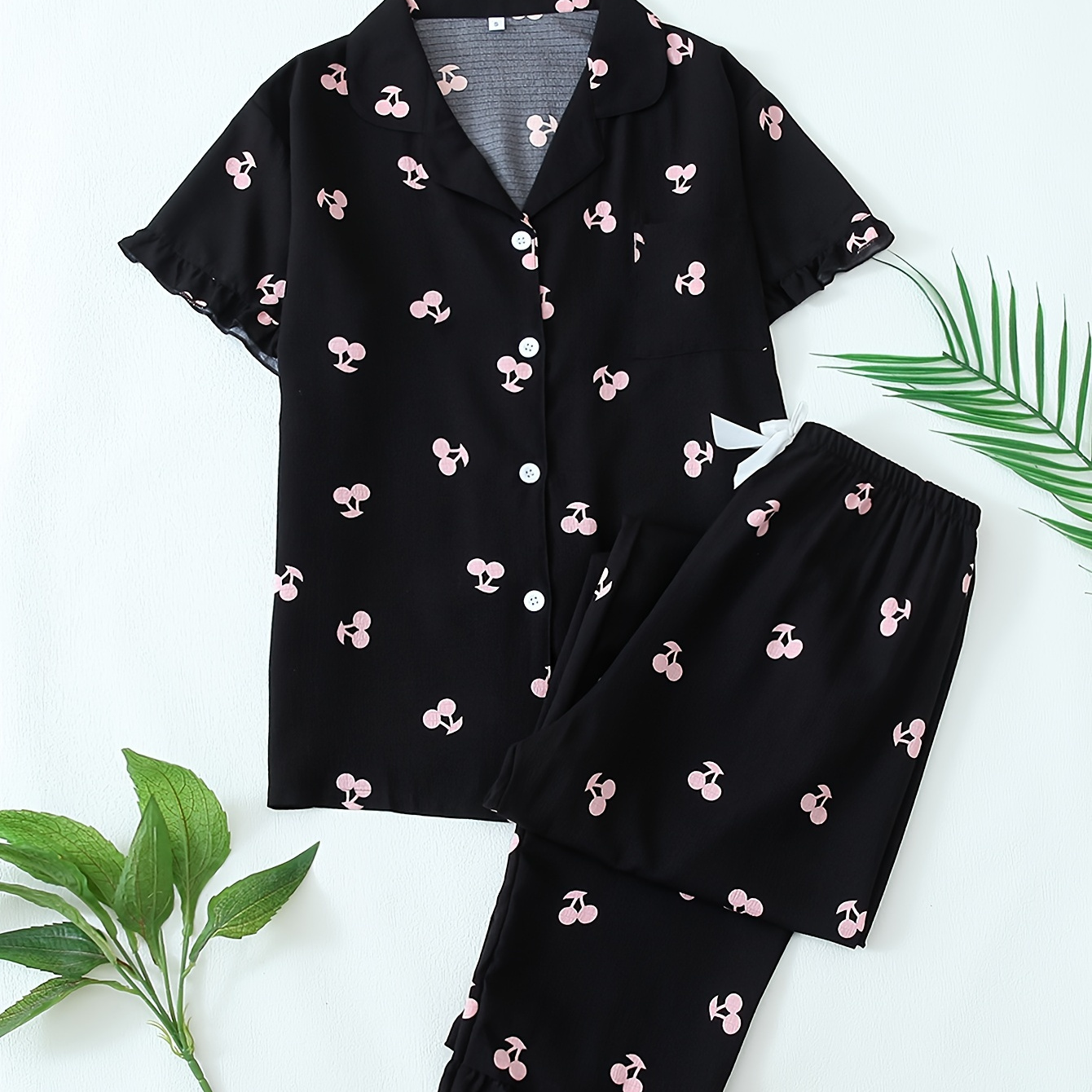 

Women's Cherry Print Sweet Ruffle Hem Pajama Set, Short Sleeve Buttons Lapel Top & Pants, Comfortable Relaxed Fit