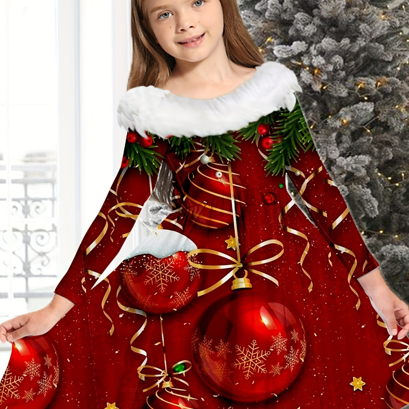 

Elegant Girls Jingle Bell Graphic Long Sleeve Dress For Christmas Gift