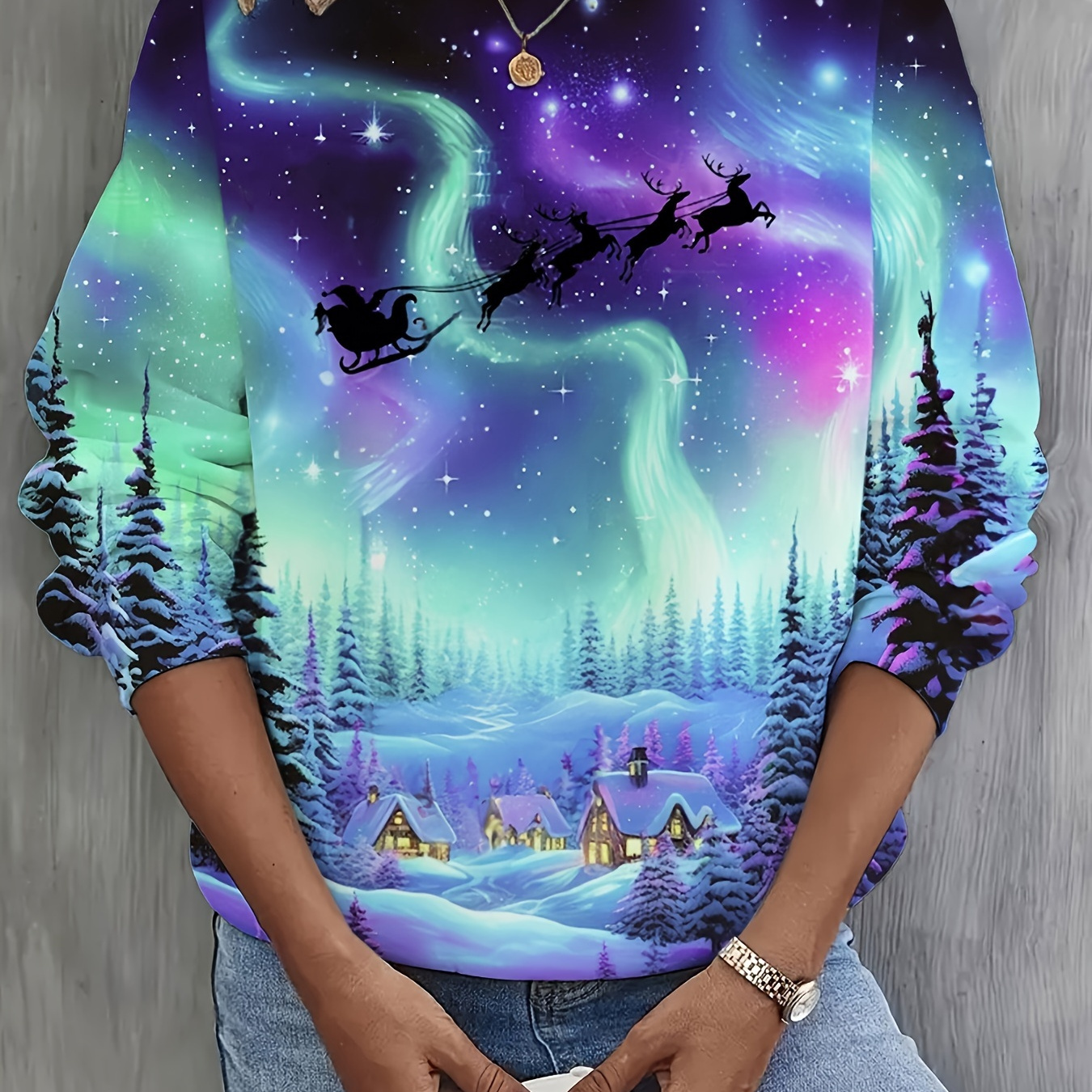 

Plus Size Winter Sweatshirt For Women With And Santa Sleigh Print - Polyester , Casual Crew Neck Pullover With Medium Stretch - Christmas Knit Top