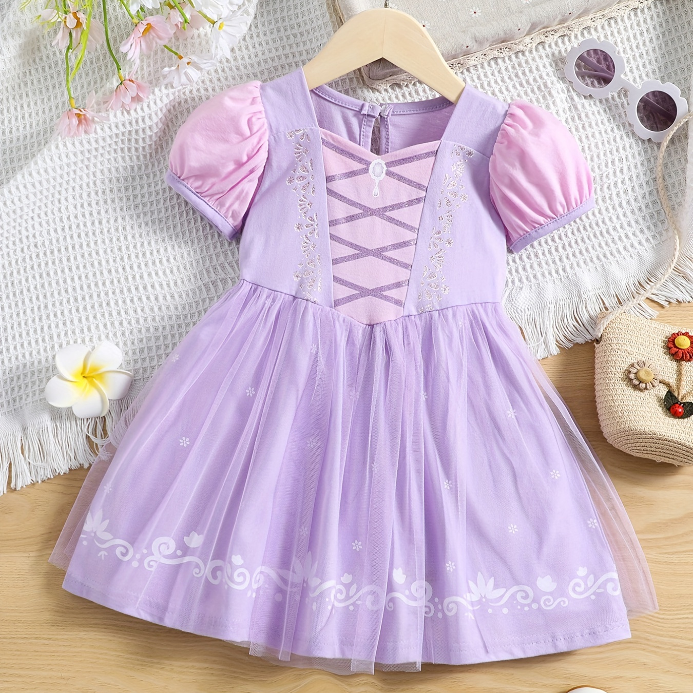 

Girls Princess Dress Puff Sleeve Tulle Ribbon Print Halloween Holiday Party Prom Birthday Performance Dress