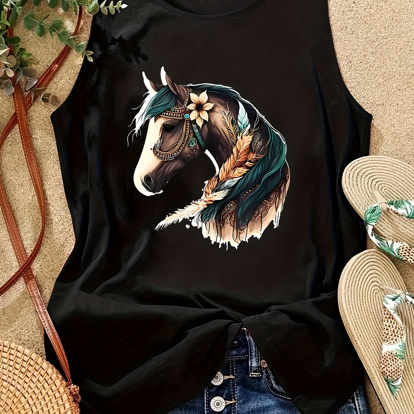 

Women's Round Neck Tank Top, 3d Horse Print, Casual Streetwear, Breathable & Comfort Athletic Wear