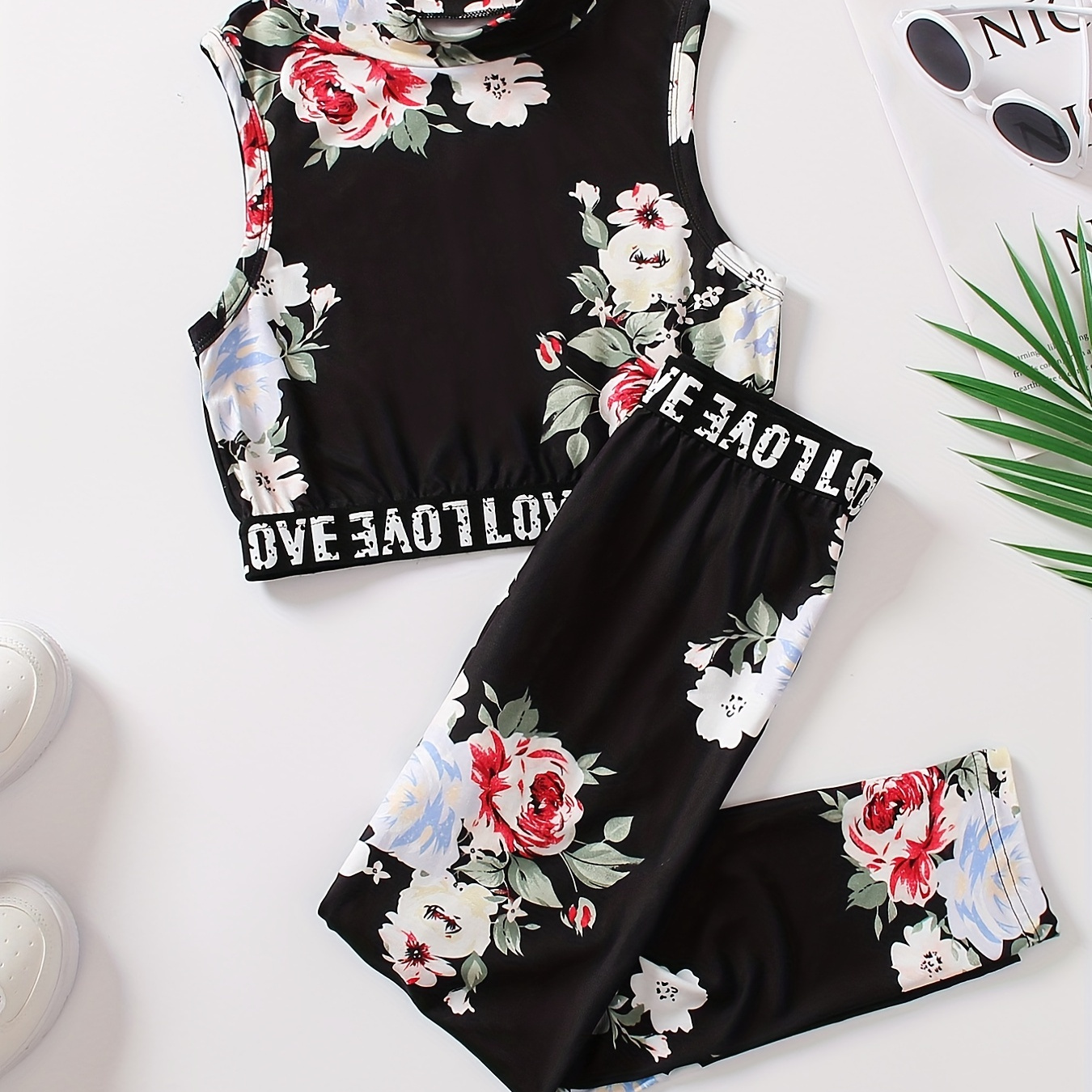 

Girl's 2 Piece Outfits Boho Tropical Print Letter Tank Top & Long Pants Set