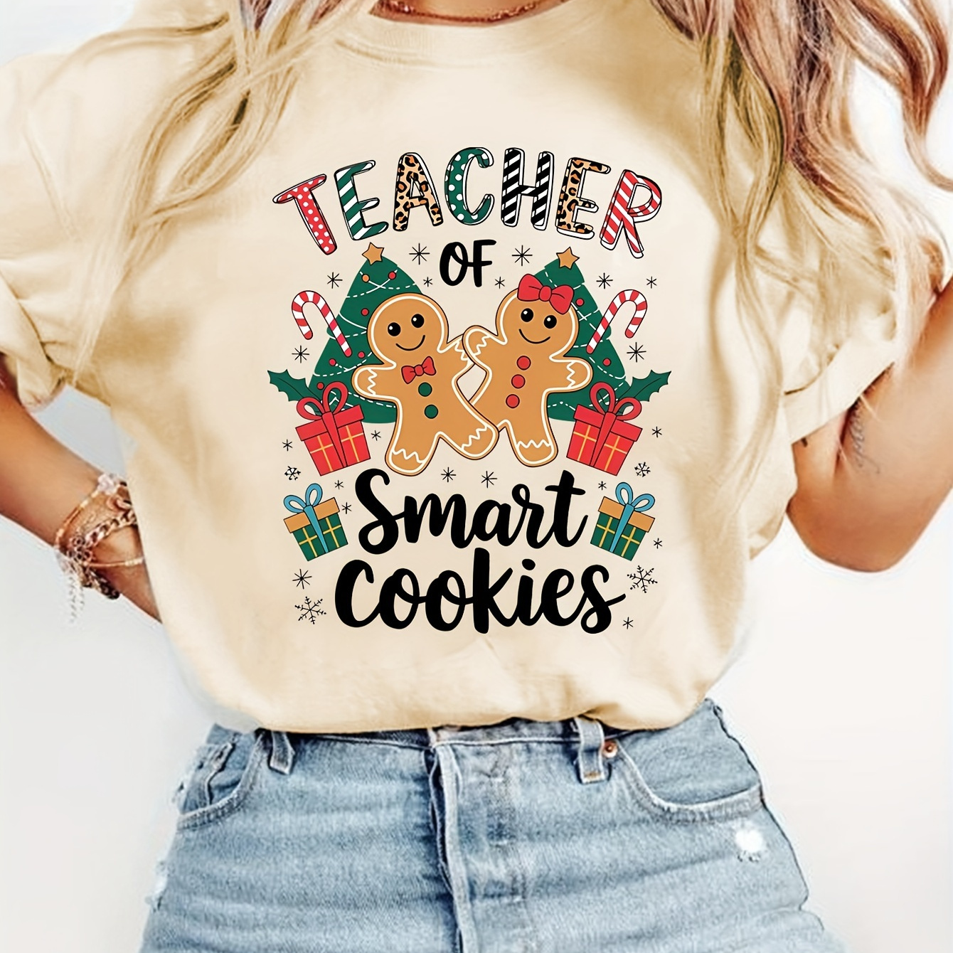 

Festive Christmas Cookie Teacher Graphic Tee - Casual Short Sleeve Crew Neck Top For Women, Breathable Polyester , Machine Washable