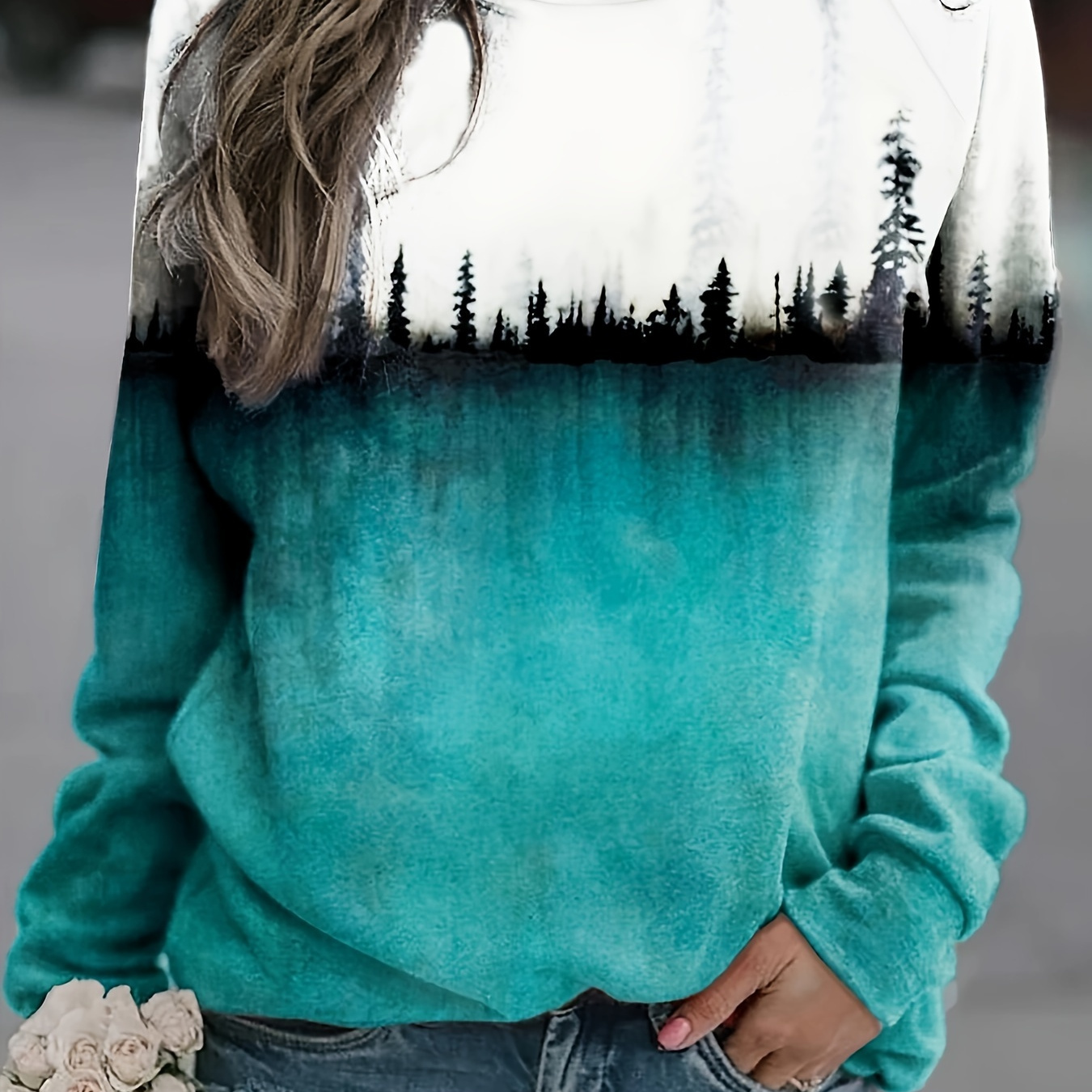 

Forest Print Crew Neck Sweatshirt, Casual Long Sleeve Raglan Shoulder Sweatshirt, Women's Clothing