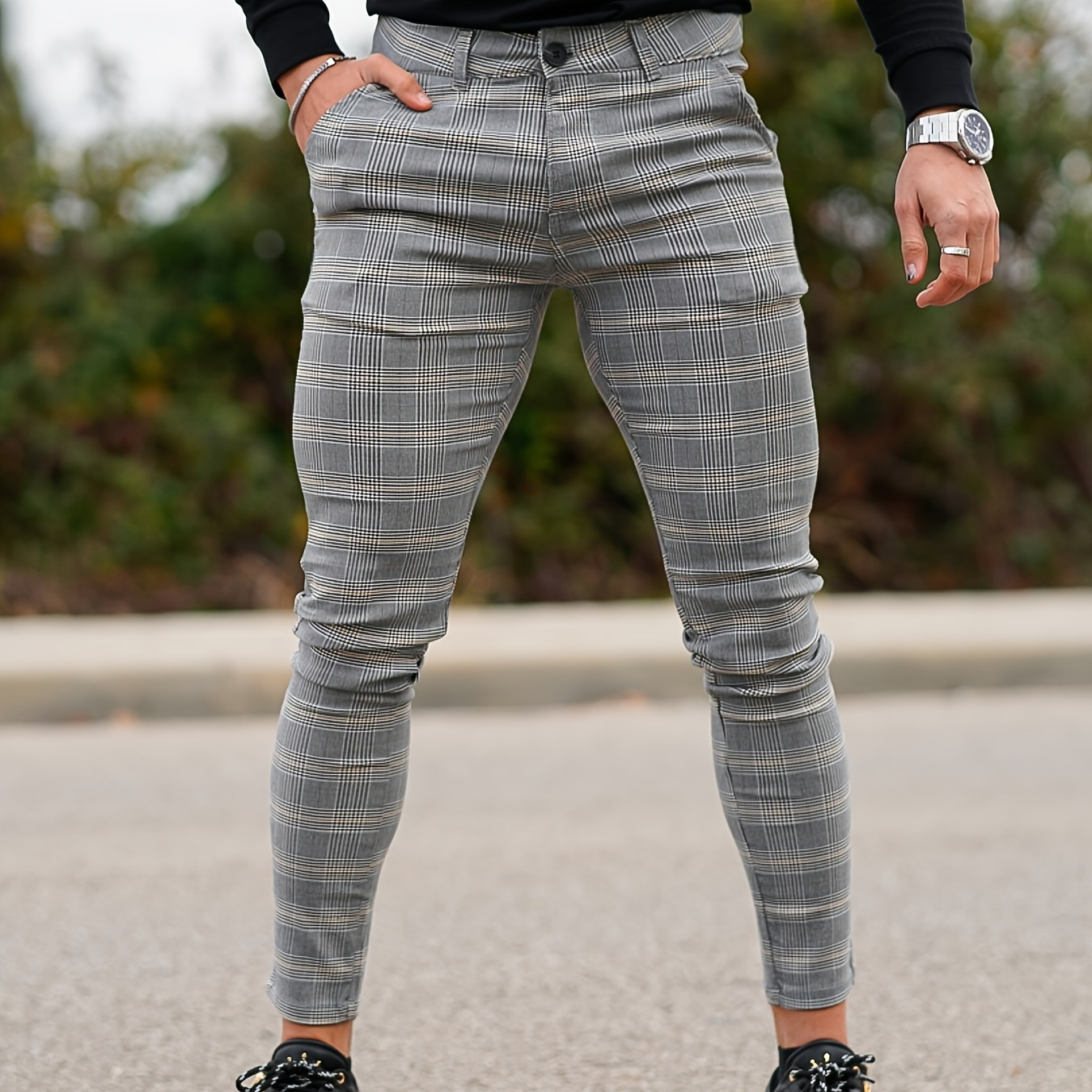 

Men's Plaid Pants With Pockets, Casual Breathable Slim Fit Trousers For Outdoor Activities, Daily Wear For All Seasons