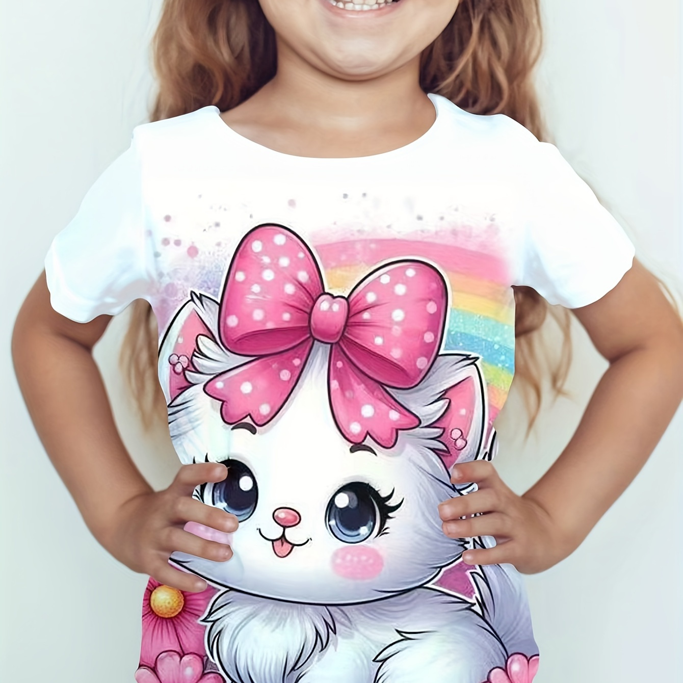 

Girls Casual & Comfy Cartoon Kitten & Bowknot Graphic Print Short Sleeve Tee For Summer