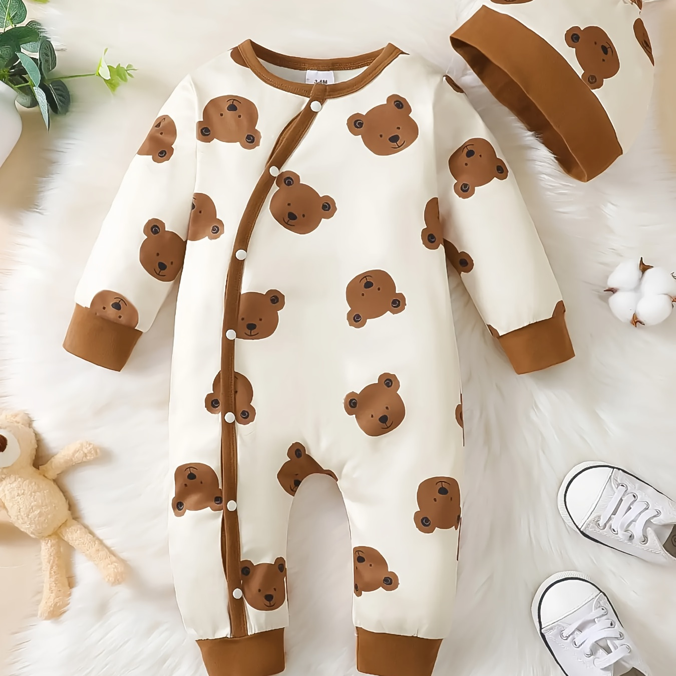 

Baby Boy's Bear Allover Print Bodysuit, Comfy Button Front Long Sleeve Onesie, Infant's Clothing, As Gift