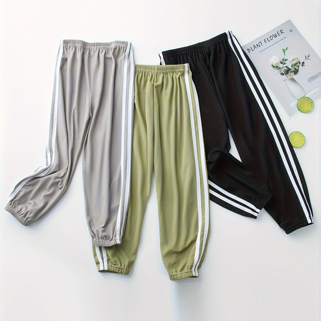 

3-pack Boys Casual Jogger Pants With Side Stripes, Breathable, Elastic Waist Knit Pants For Summer