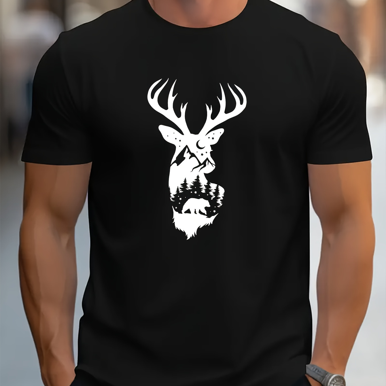 

Deer Print Tee Shirt, Tees For Men, Casual Short Sleeve T-shirt For Summer