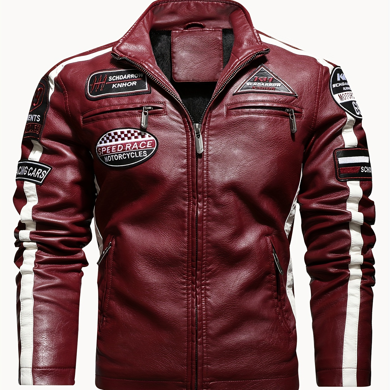 

Men's Long Sleeve And Zipper Down Motorcycle Jacket With Stand Collar And Patchwork Pieces, Stylish And Chic Jacket For Autumn And Winter Leisurewear