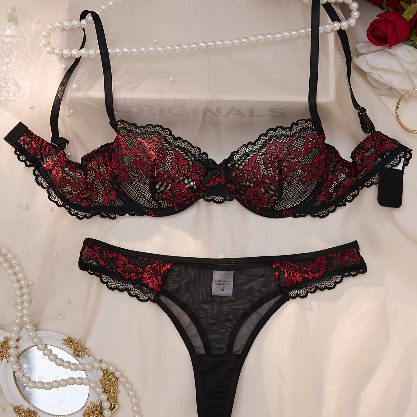 

Black And Lace Comfortable Underwear Set, Unlined Gathered Bra And Panties, Breathable Thin Bra And Panties