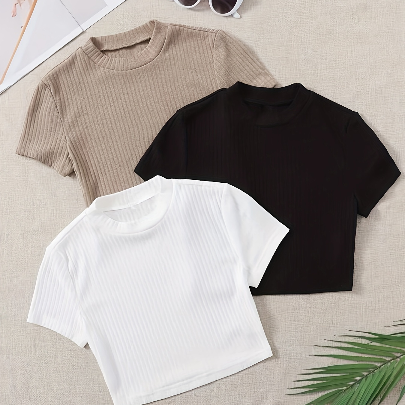 

Solid Color Ribbed Crop T-shirt 3 Pack, Casual Crew Neck Short Sleeve Top For Summer, Women's Clothing