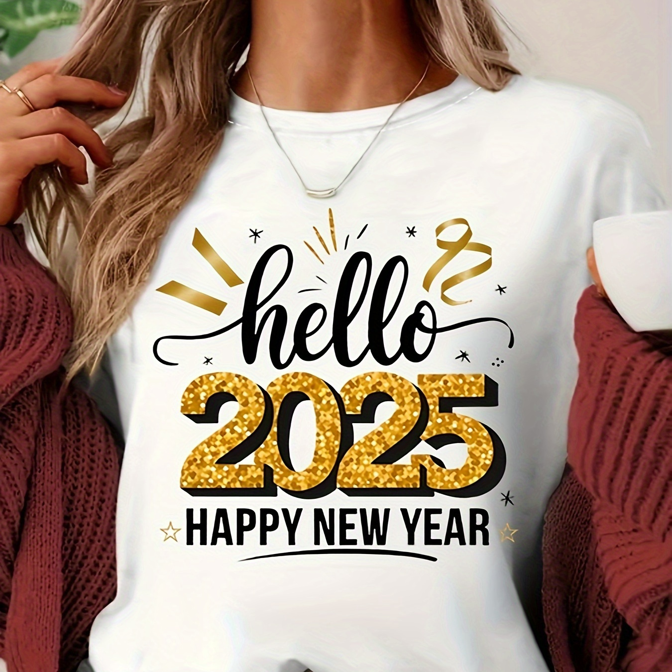 

Women's 2025 Happy New Year T-shirt - Casual Crew Neck Slogan Tee, 100% Polyester Knit Fabric, Regular Length, All , Machine Washable