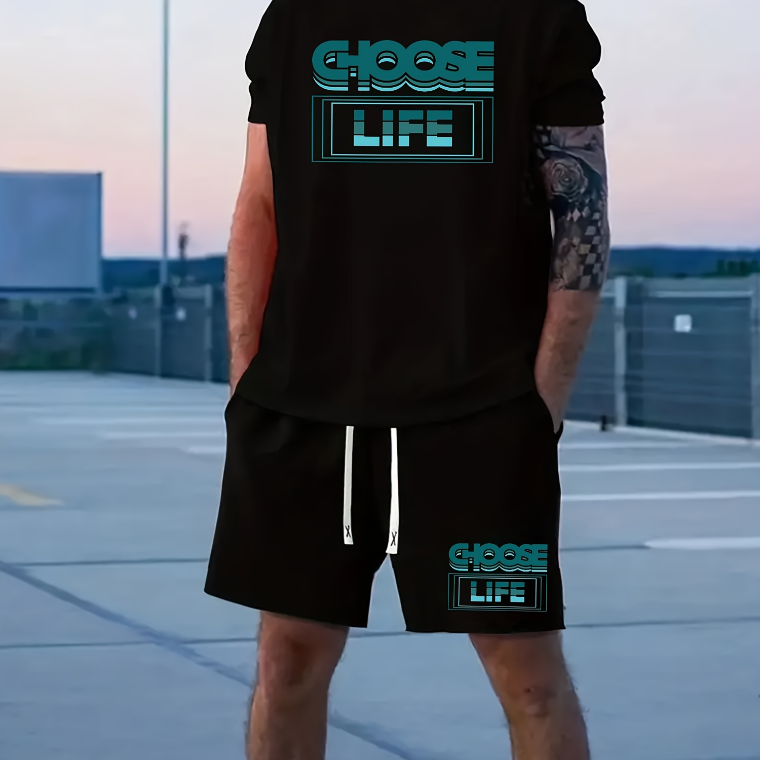 

Choose Life Men's 2pcs Trendy Outfits Casual Crew Neck Short Sleeve T-shirt & Drawstring Shorts Set For Spring Summer Workout Men's Print Clothing