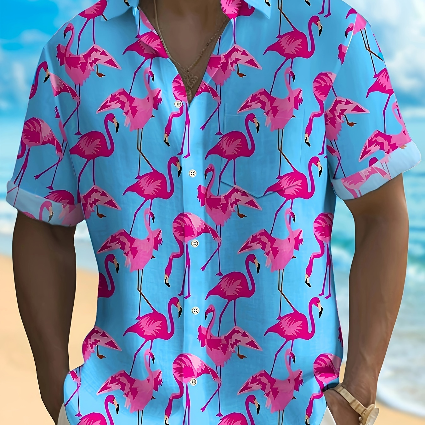 

Men's Trendy Hawaiian Graphic Shirt With Stylish Flamingo Print For Summer Vacation And Casual Wear