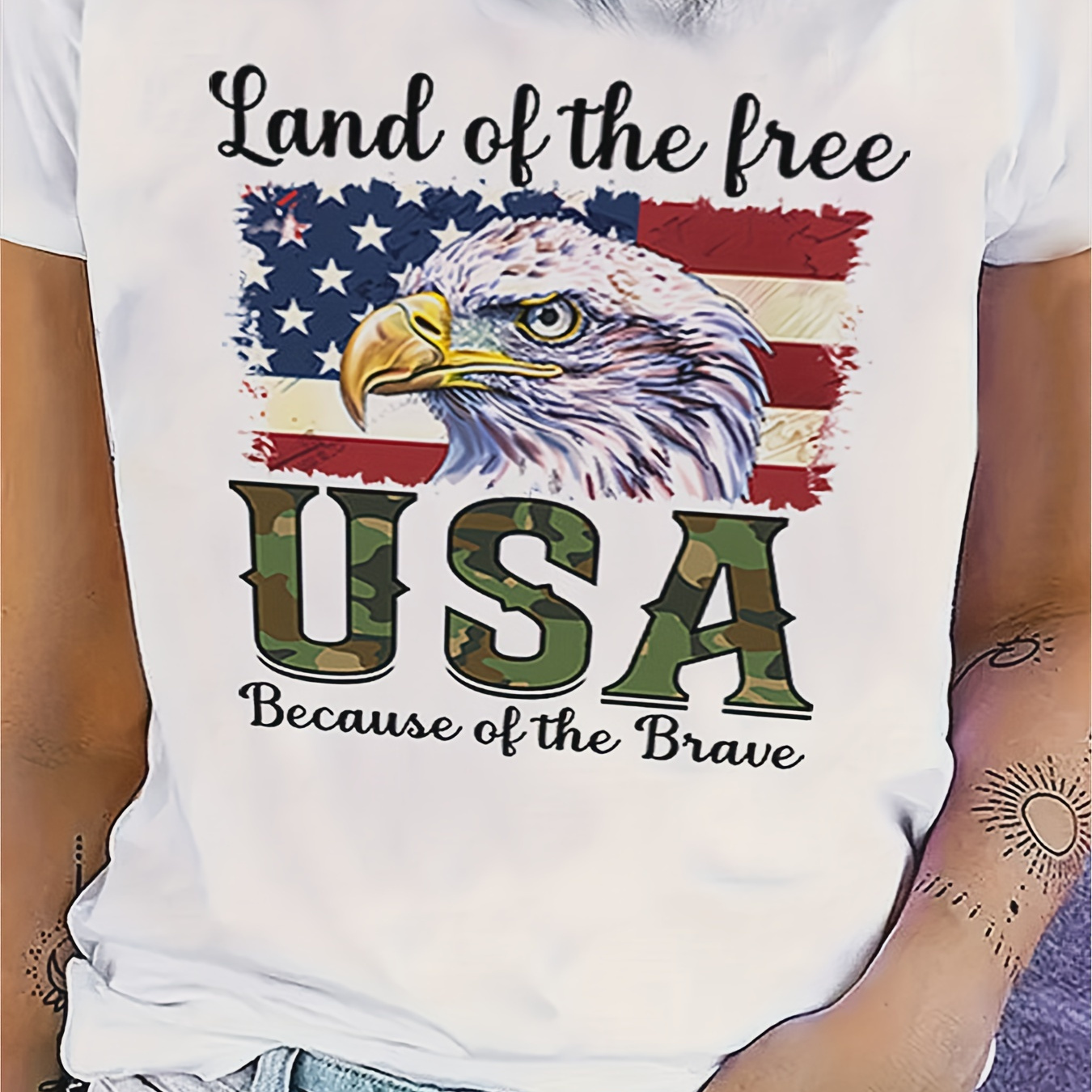 

American Flag Eagle Independence Day Graphic Sports T-shirt, Casual Round Neck Short Sleeve Tee, Women's Activewear