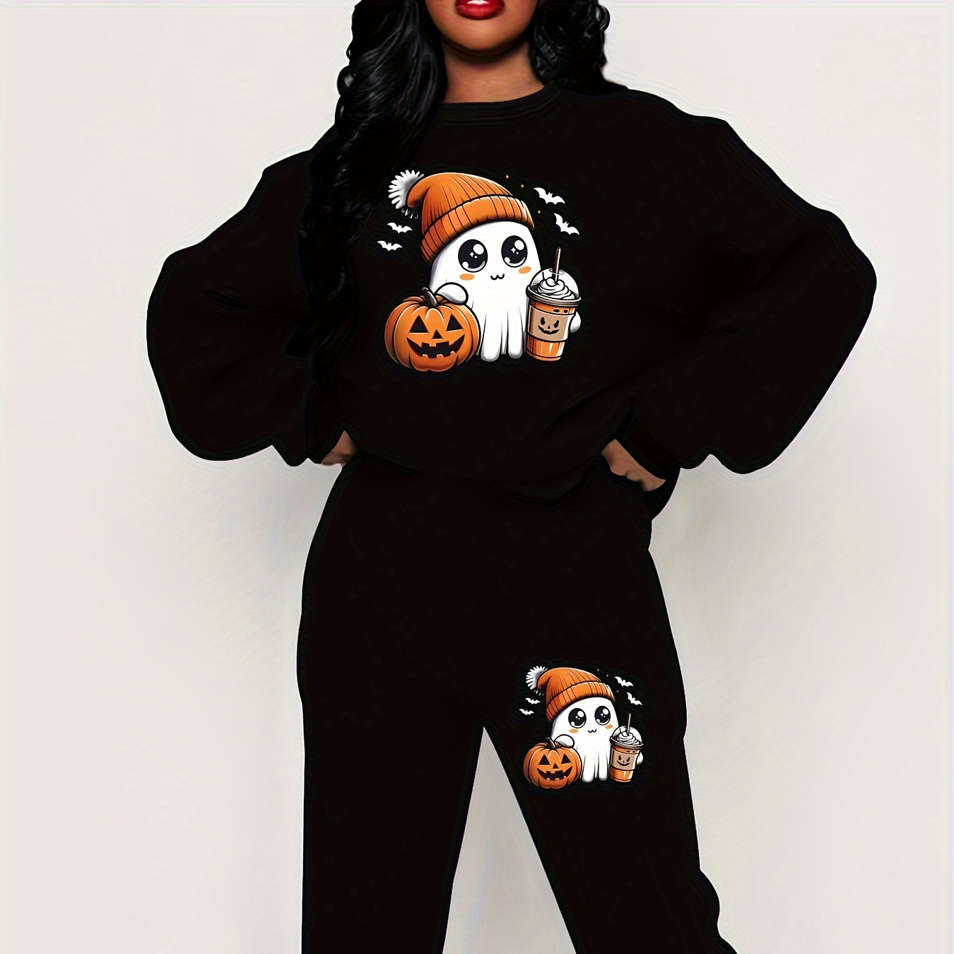 

Print Sweatshirt And Pants Set For Women - Casual Polyester Knit Fabric, Long Sleeve, Round Neck, Fall/