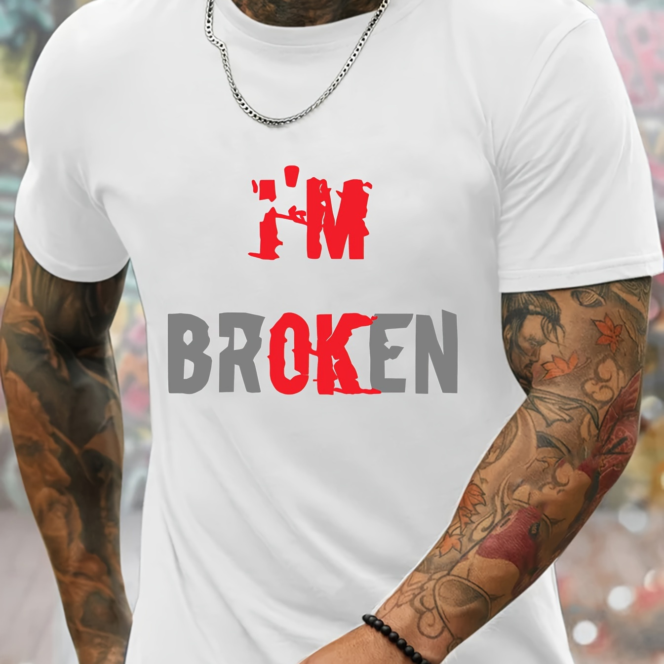 

I'm Broken Print Men's Crew Neck Fashionable Short Sleeve Sports T-shirt, Comfortable And Versatile, For Summer And Spring, Athletic Style, Comfort Fit T-shirt, As Gifts