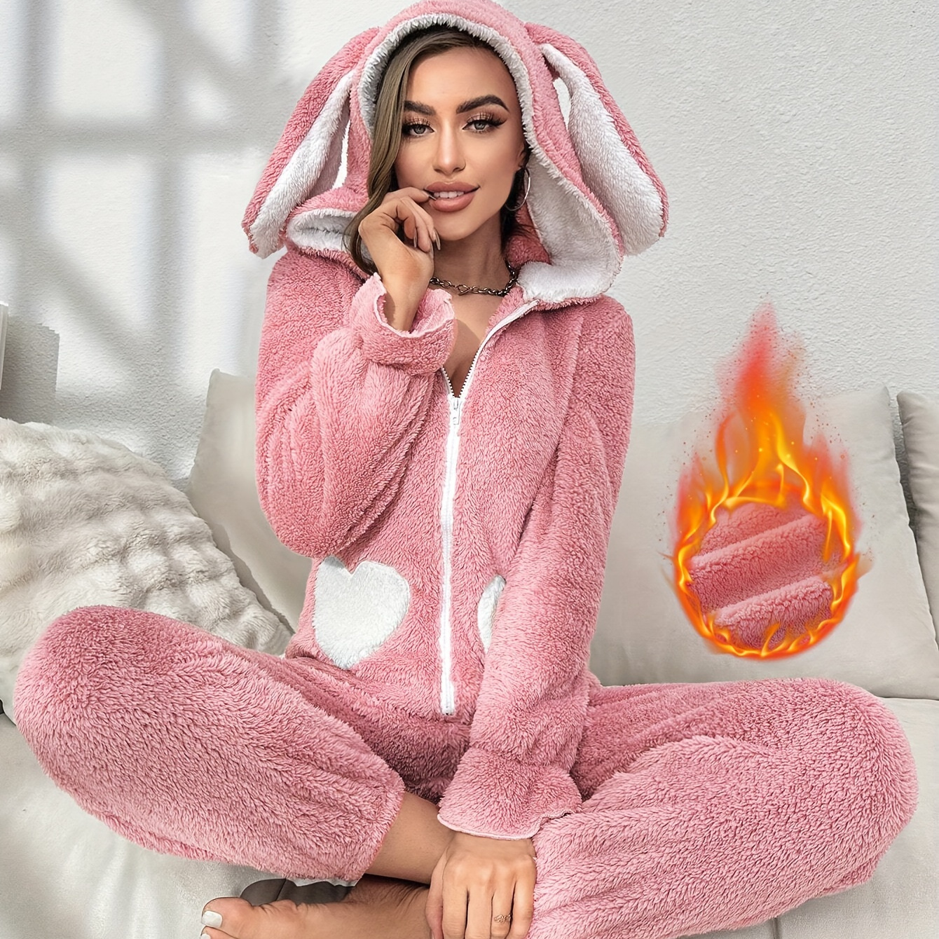 

Cozy Hooded Onesie Pajamas For Women - Fleece-lined, Long Sleeve With Zipper Front & Pockets, Soft Polyester , Machine Washable - Warm & Comfortable Sleepwear