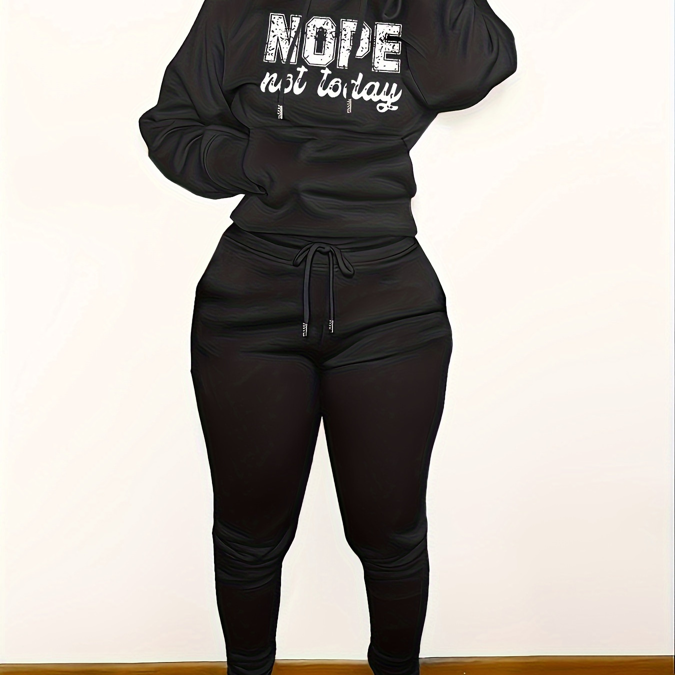 

Cozy Fleece-lined Women's Hoodie & Jogger Set In Brown - "nope " Print, Casual Polyester-spandex Outfit With Drawstring Pants, Machine Washable For Fall/winter