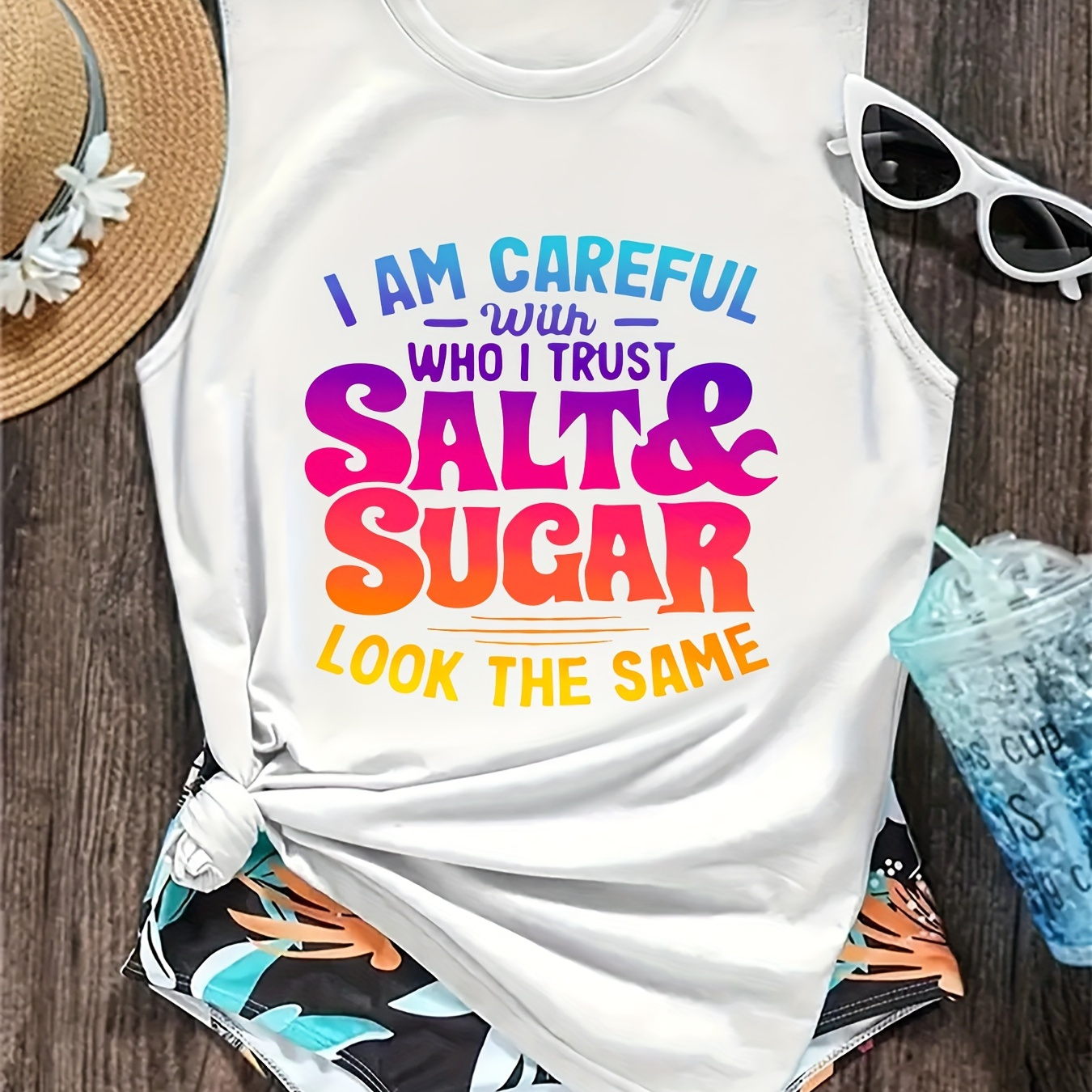 

Plus Size Ombre Letter Print Tank Top, Casual Sleeveless Crew Neck Top For Summer & Spring, Women's Plus Size Clothing