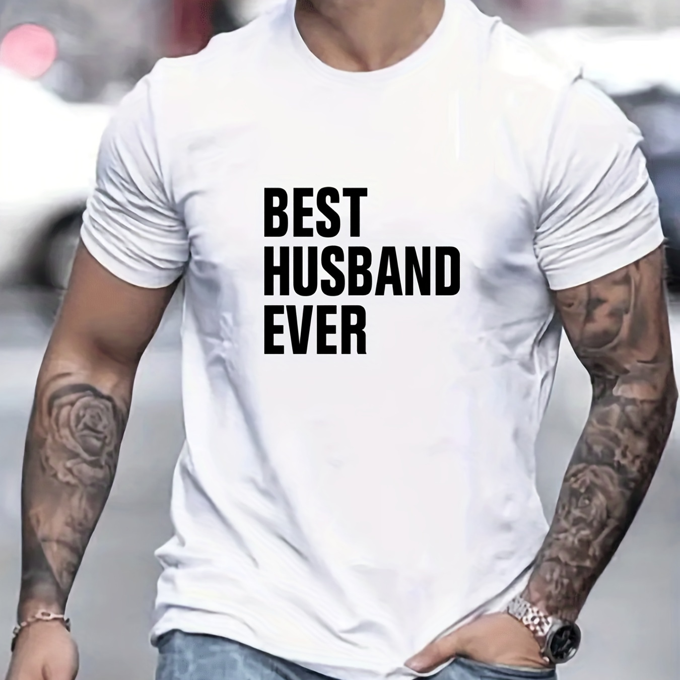 

best Husband Ever" Print T-shirt, Men's Casual Street Style Stretch Round Neck Tee Shirt For Summer