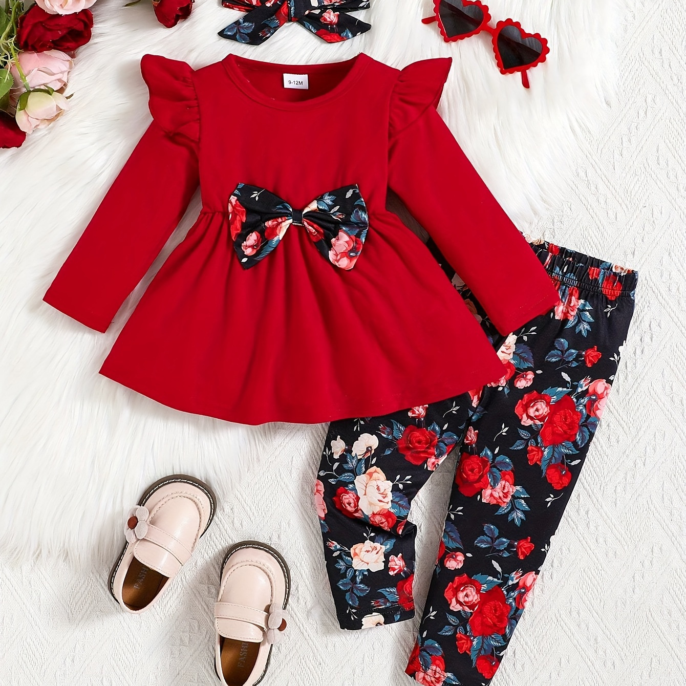 

Ensemble de vêtements pour bébé fille, haut à manches longues avec nœud décoratif et jupe , pantalon à motif floral, 2 pièces