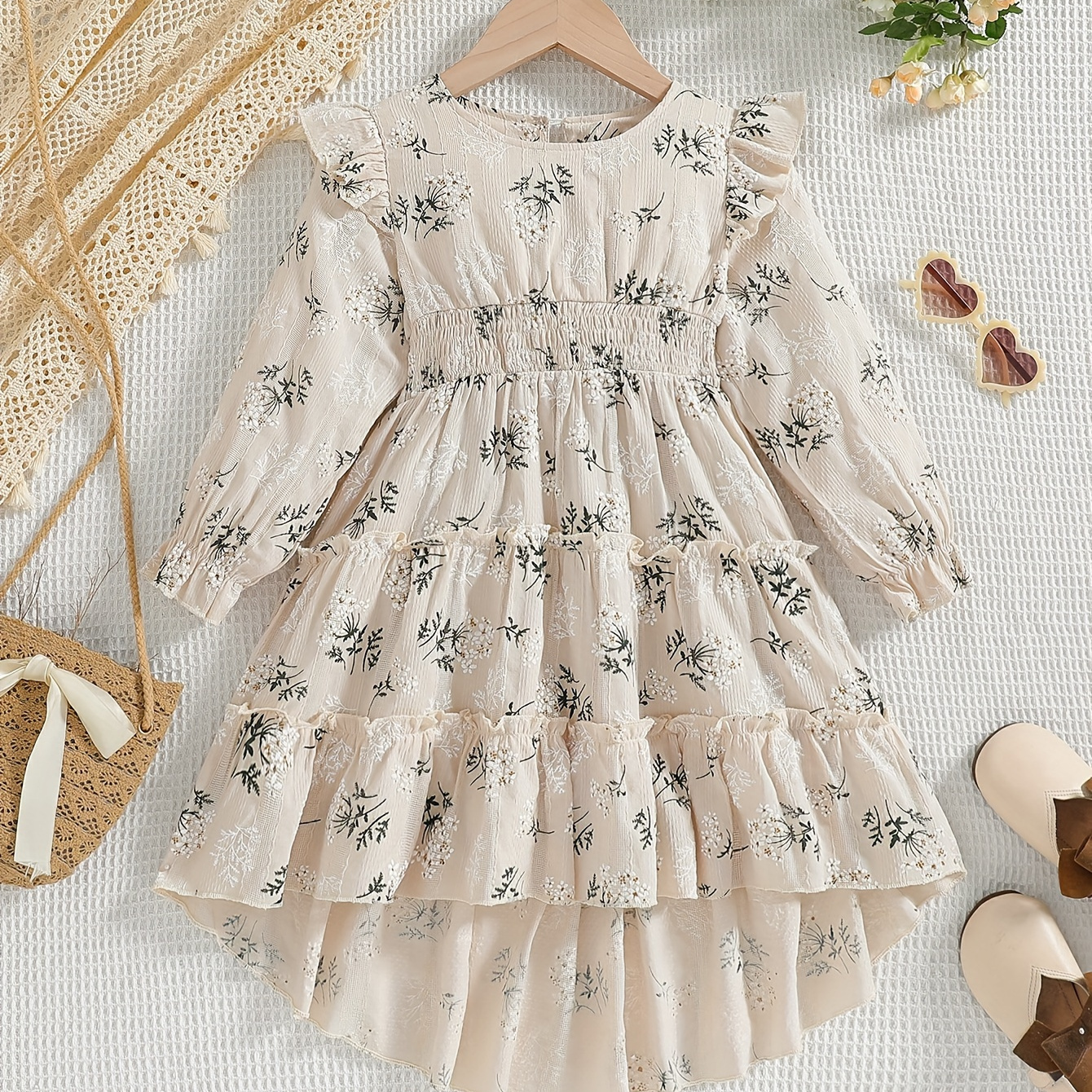 

Elegant Floral Print Irregular Hem Long-sleeve Dress For Girls, A-line Sweet Comfy Dresses Spring Fall Party Gift