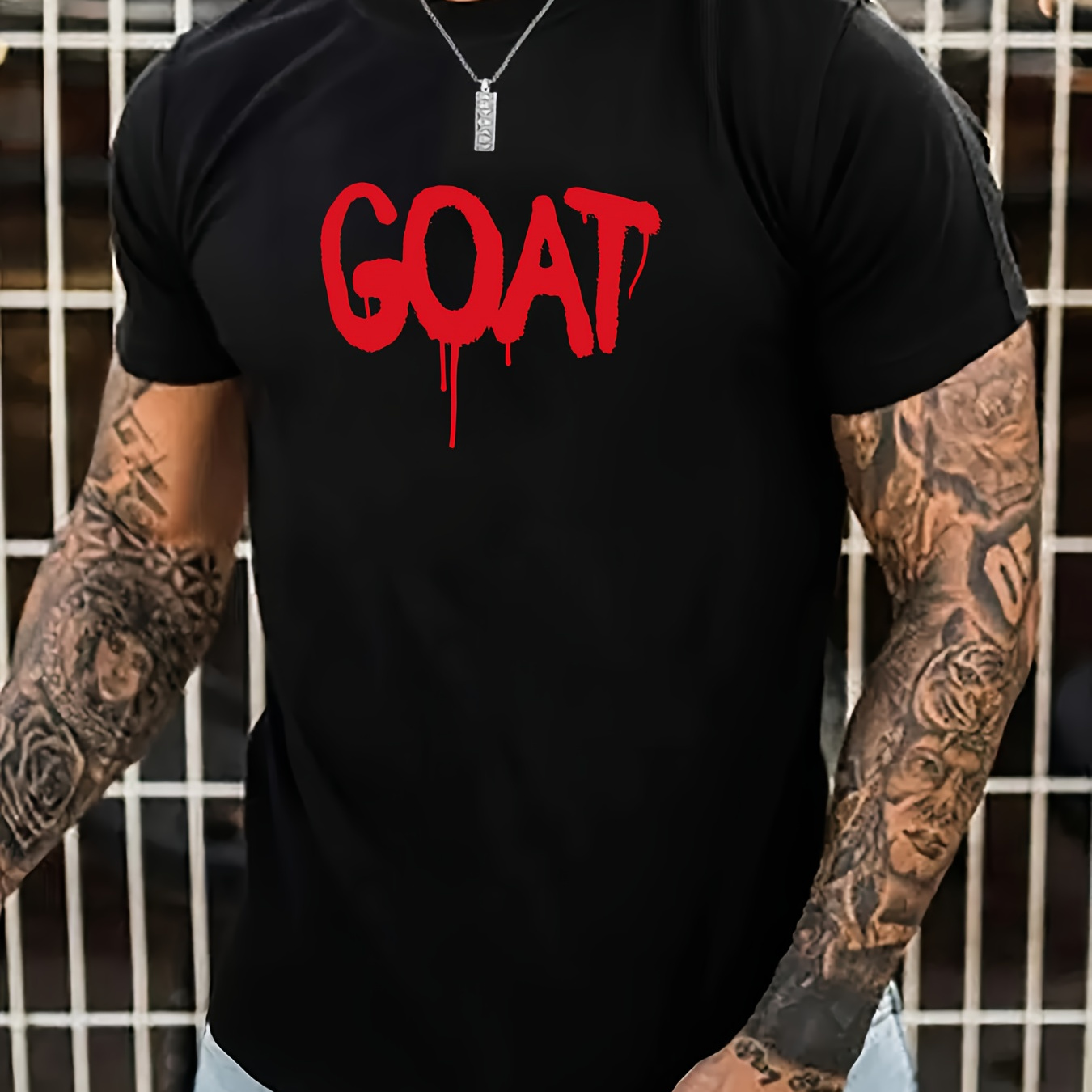 

Plus Size Men's T-shirt, "goat" Print Tops, Summer Trendy Casual Short Sleeve Tees, Outdoor Sports Clothing, Big & Tall Guys, Leisurewear