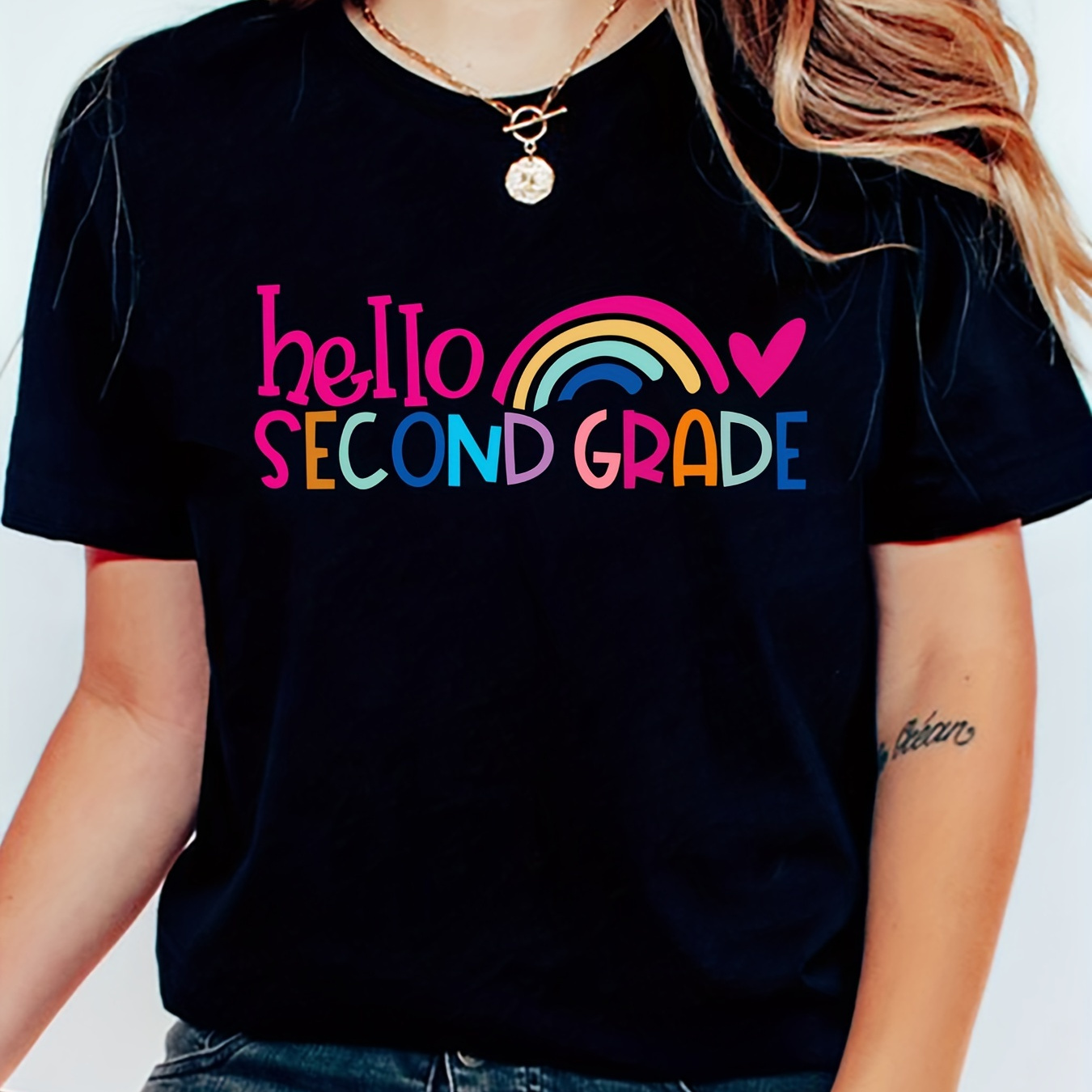 

Women's "hello Second Grade" Rainbow Print Loose Casual Summer T-shirt, Short Sleeve Crewneck Tee For Teachers And Second Grade Welcoming