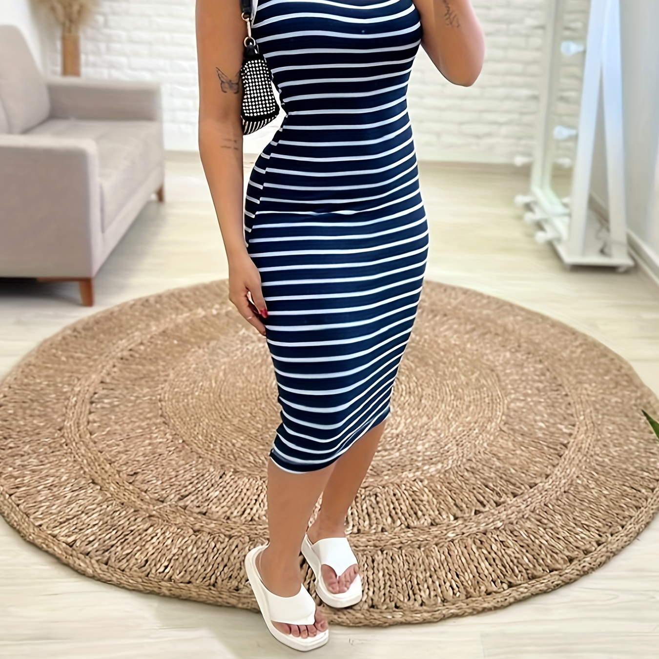 

Striped Scoop Neck Dress, Sexy Sleeveless Sheath Dress For Spring & Summer, Women's Clothing